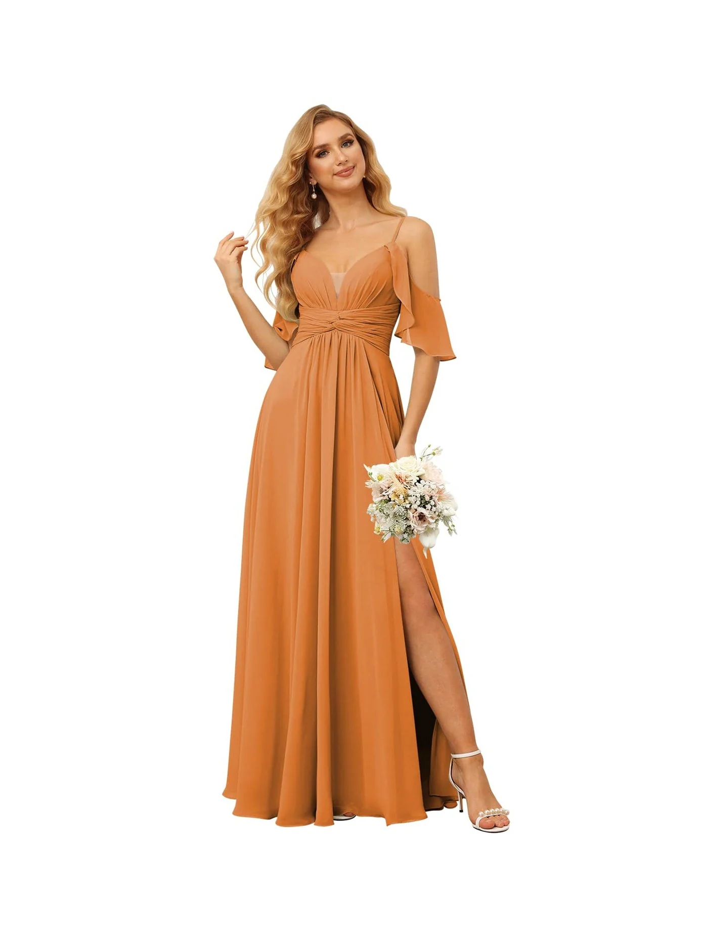 A-Line/Princess Spaghetti Straps Sleeveless Floor Length Bridesmaid Dresses Chiffon with Ruffles Split - Image 4
