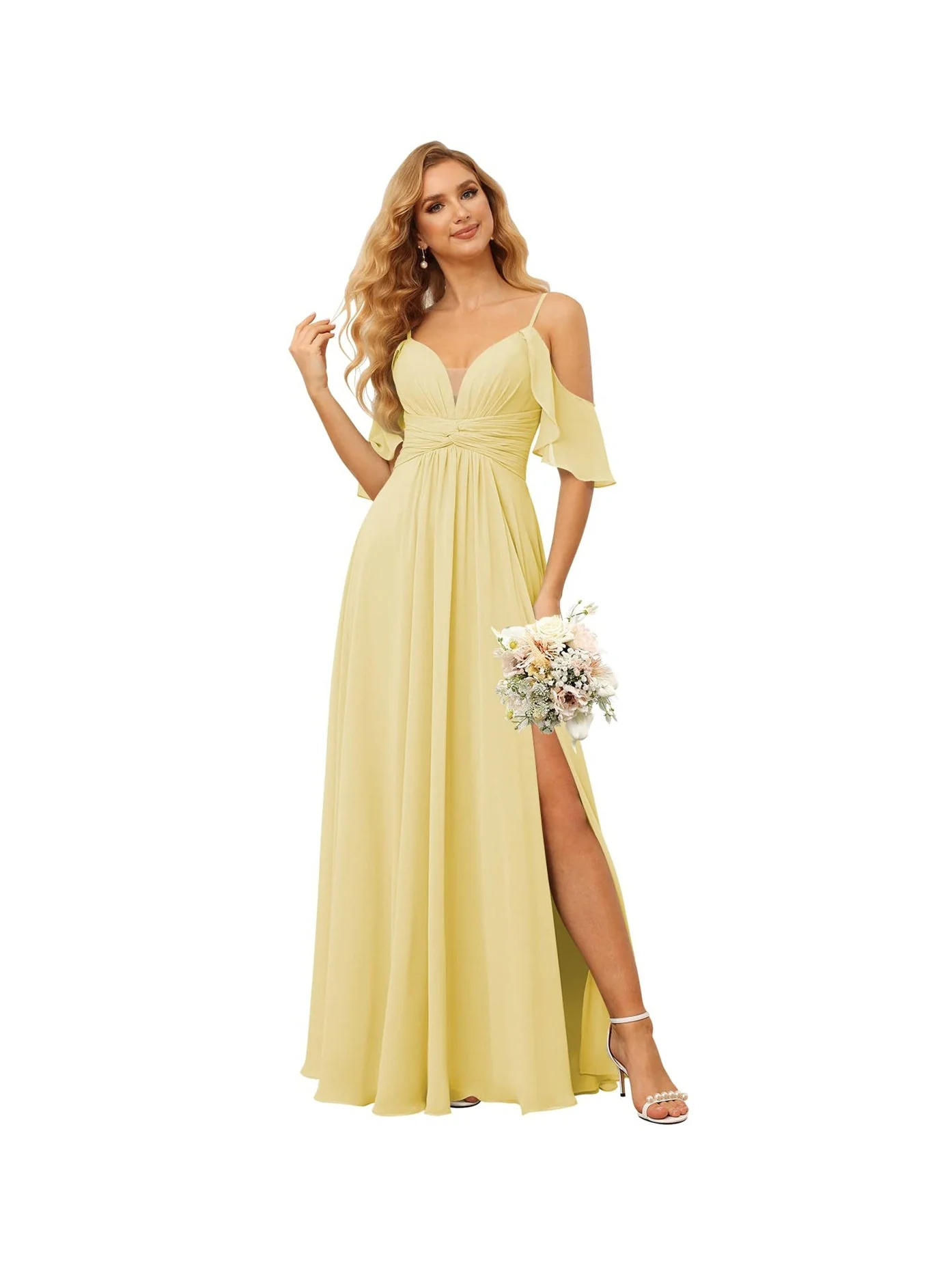 A-Line/Princess Spaghetti Straps Sleeveless Floor Length Bridesmaid Dresses Chiffon with Ruffles Split - Image 40