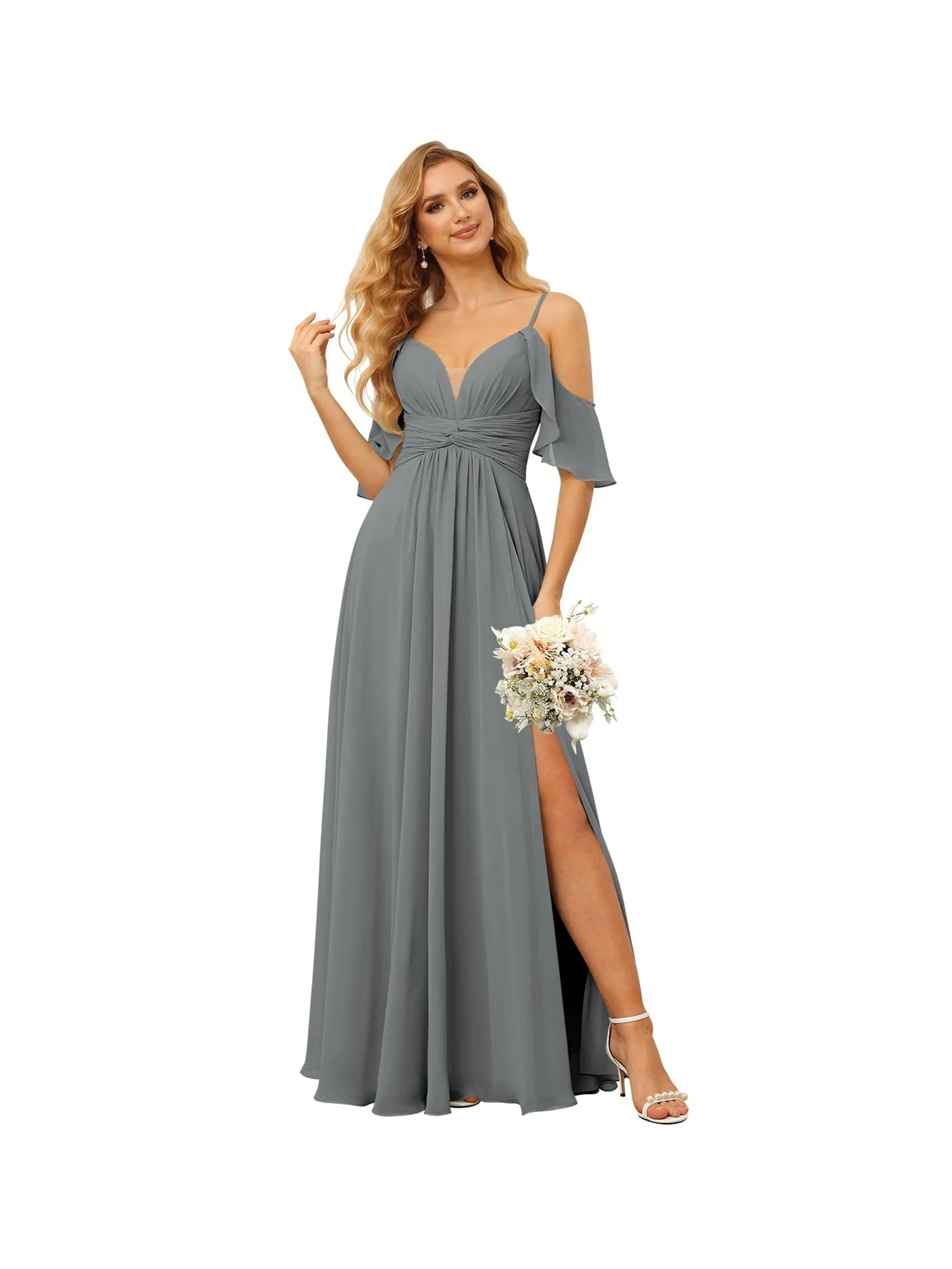 A-Line/Princess Spaghetti Straps Sleeveless Floor Length Bridesmaid Dresses Chiffon with Ruffles Split - Image 41