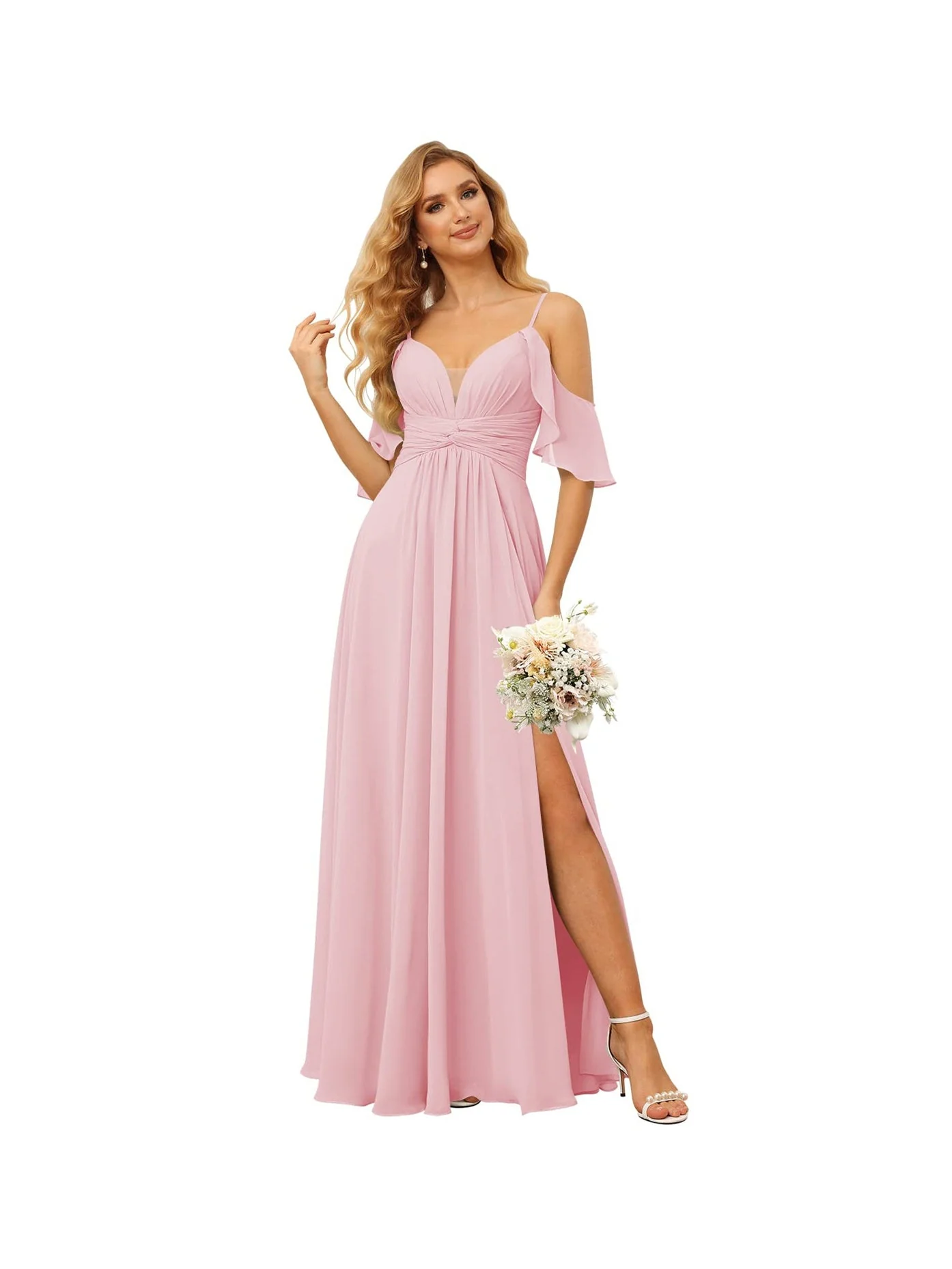 A-Line/Princess Spaghetti Straps Sleeveless Floor Length Bridesmaid Dresses Chiffon with Ruffles Split - Image 42