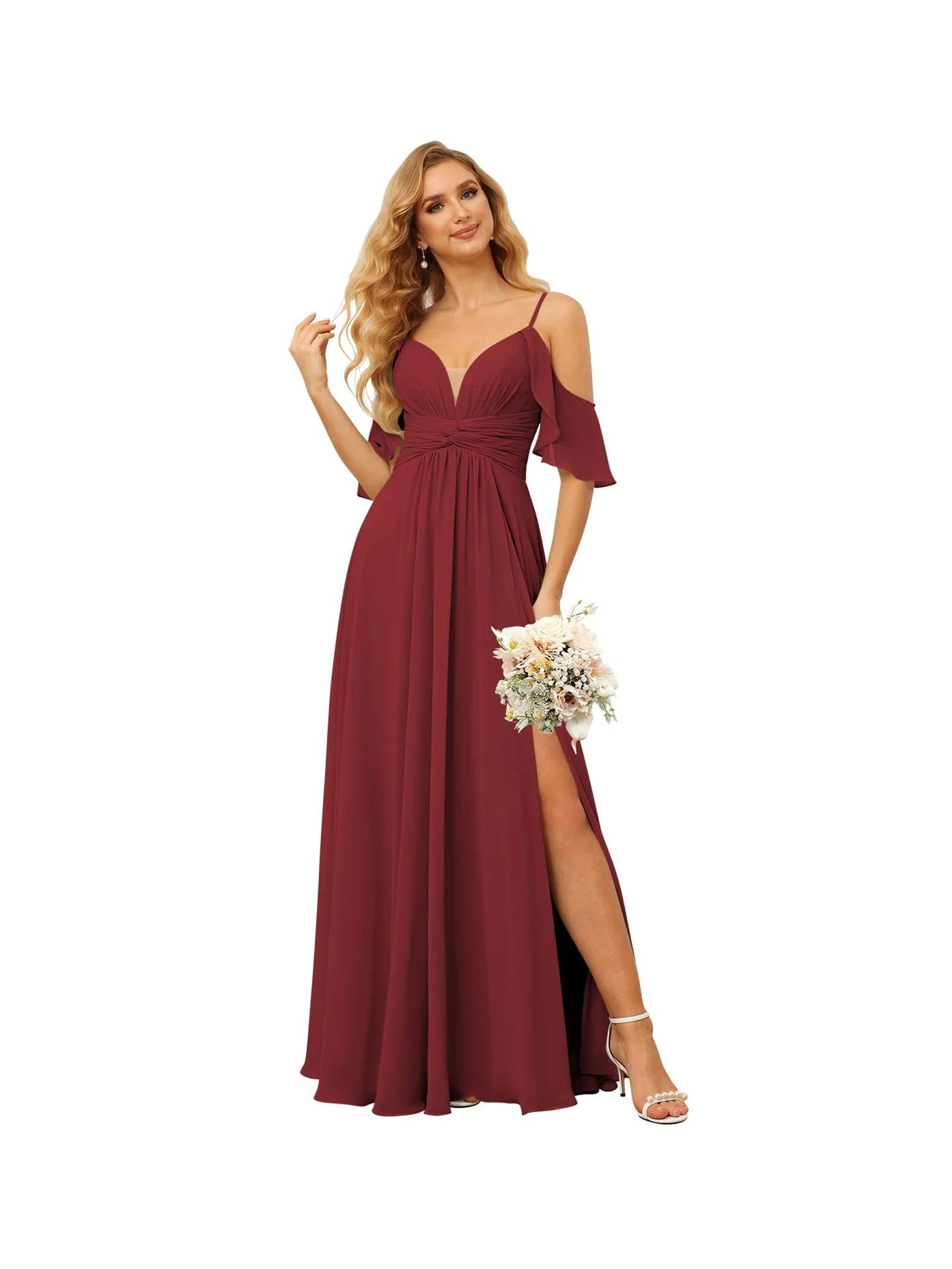A-Line/Princess Spaghetti Straps Sleeveless Floor Length Bridesmaid Dresses Chiffon with Ruffles Split - Image 43
