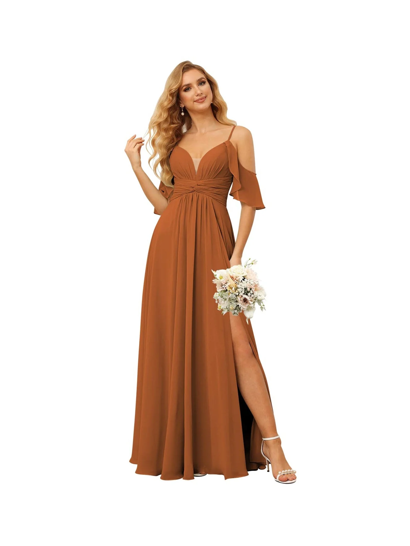 A-Line/Princess Spaghetti Straps Sleeveless Floor Length Bridesmaid Dresses Chiffon with Ruffles Split - Image 5