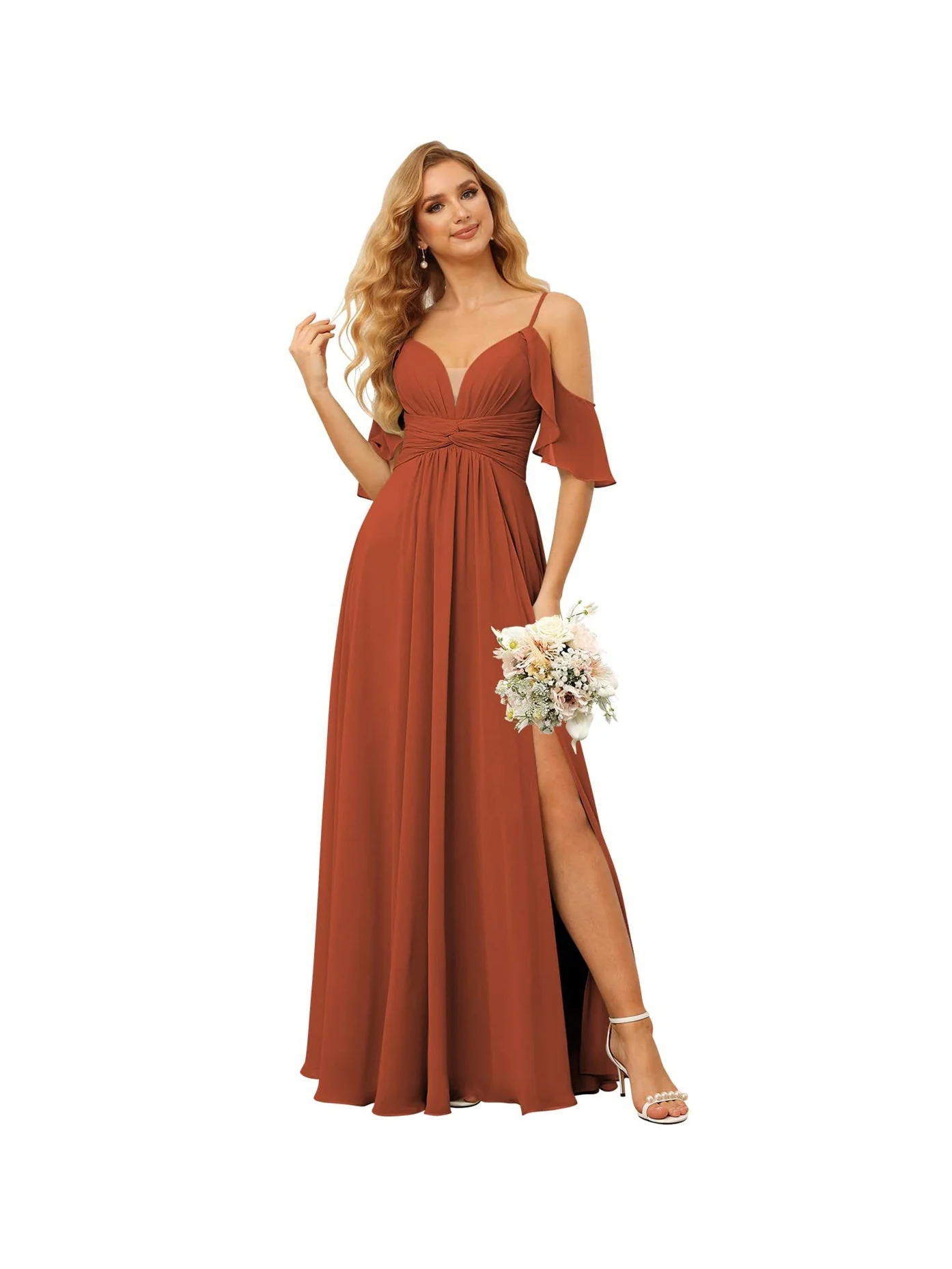 A-Line/Princess Spaghetti Straps Sleeveless Floor Length Bridesmaid Dresses Chiffon with Ruffles Split - Image 6