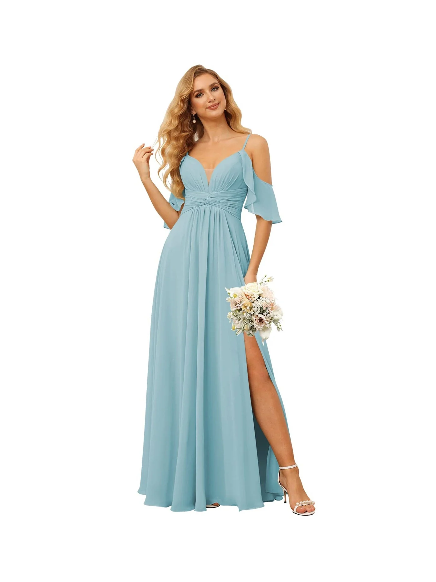 A-Line/Princess Spaghetti Straps Sleeveless Floor Length Bridesmaid Dresses Chiffon with Ruffles Split - Image 7