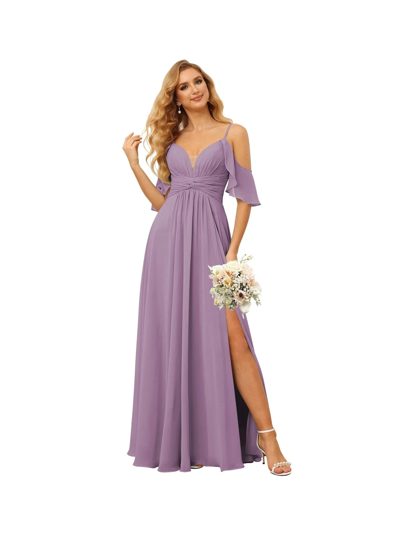 A-Line/Princess Spaghetti Straps Sleeveless Floor Length Bridesmaid Dresses Chiffon with Ruffles Split - Image 8