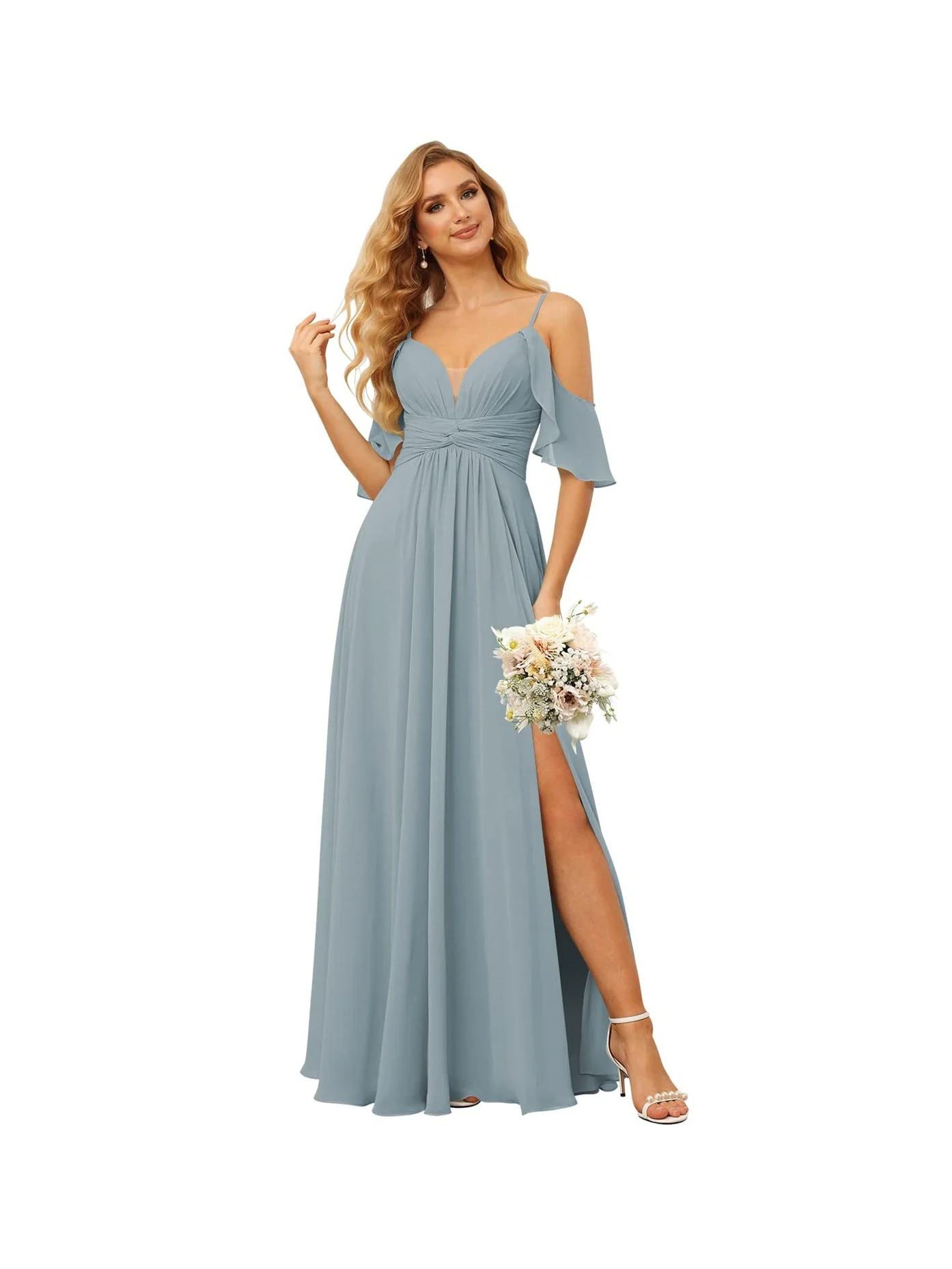 A-Line/Princess Spaghetti Straps Sleeveless Floor Length Bridesmaid Dresses Chiffon with Ruffles Split - Image 9