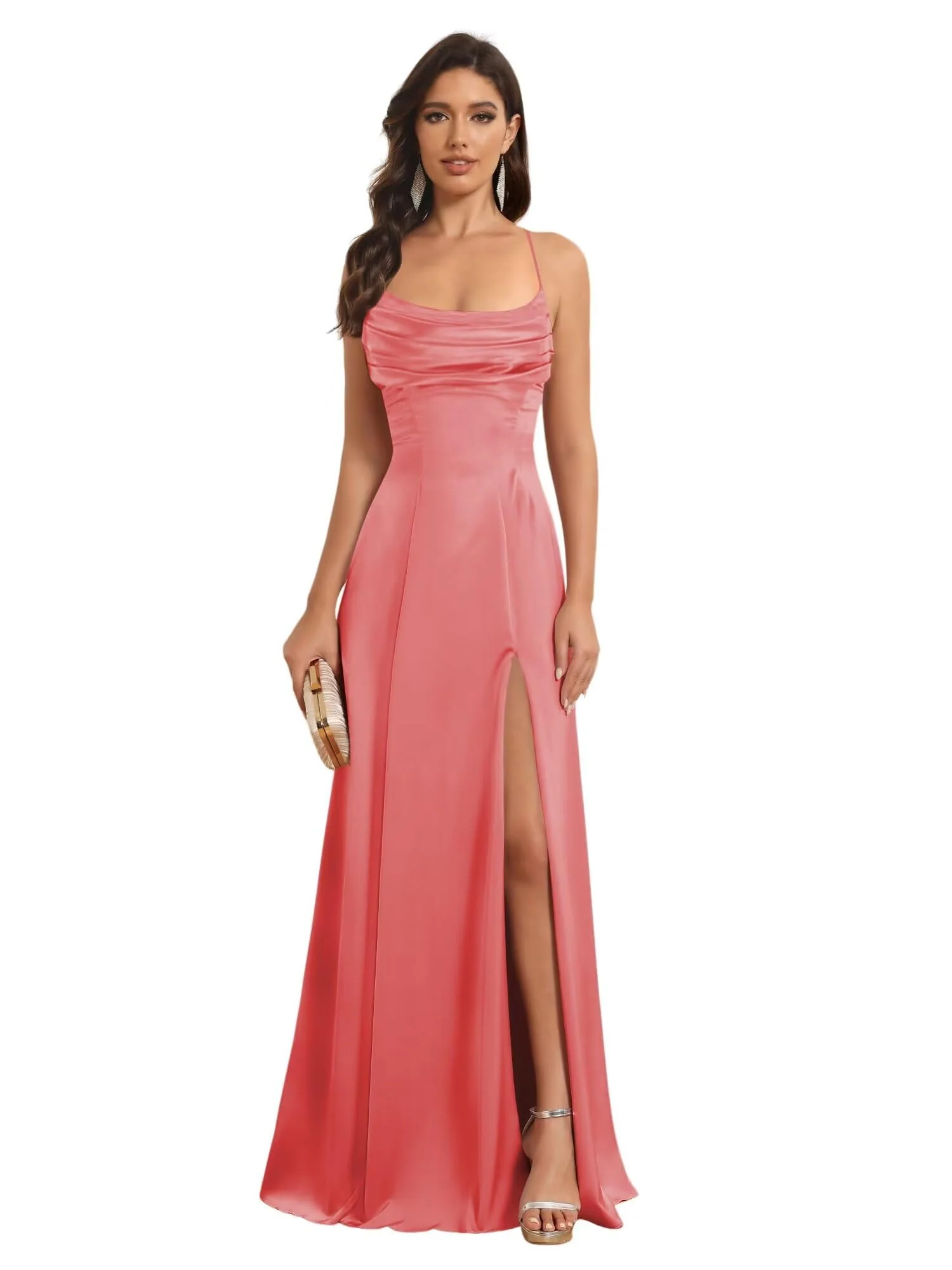 A-Line/Princess Spaghetti Straps Sleeveless Floor Length Bridesmaid Dresses Satin With Split Slide - Image 10