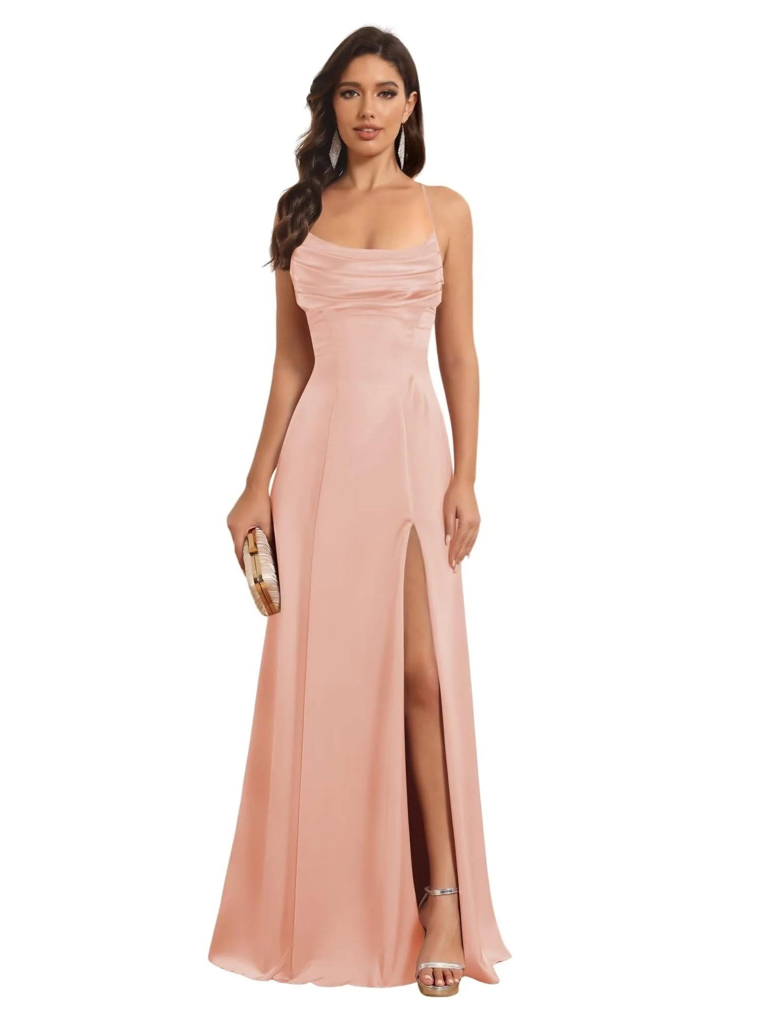 A-Line/Princess Spaghetti Straps Sleeveless Floor Length Bridesmaid Dresses Satin With Split Slide - Image 11