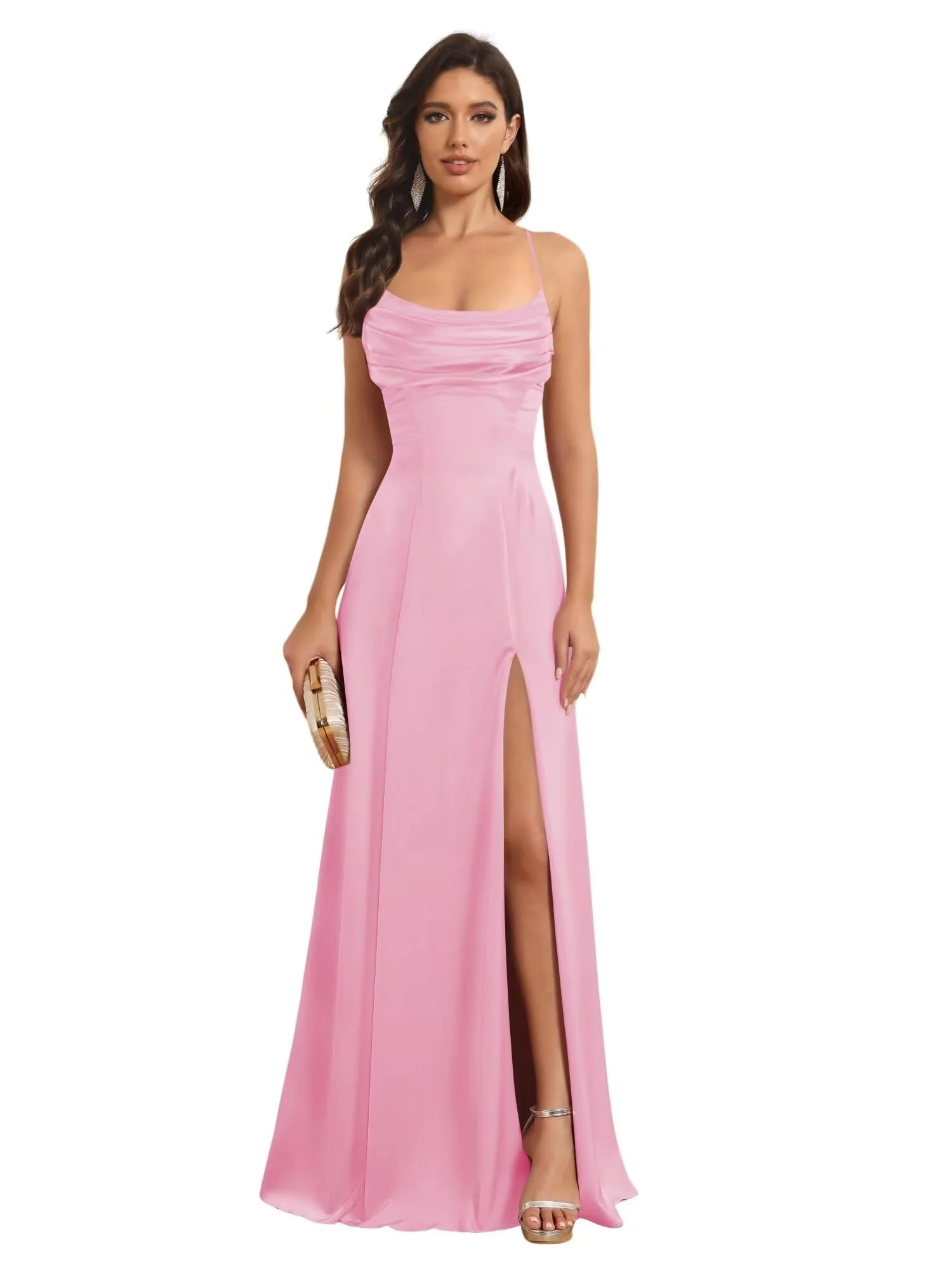A-Line/Princess Spaghetti Straps Sleeveless Floor Length Bridesmaid Dresses Satin With Split Slide - Image 12