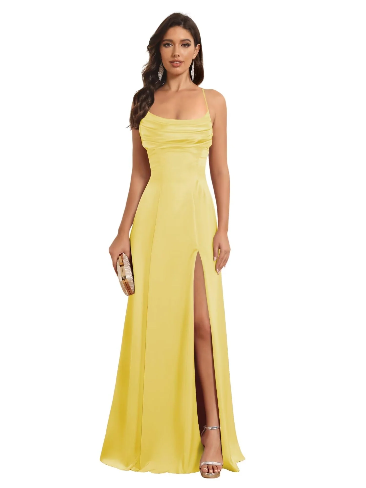 A-Line/Princess Spaghetti Straps Sleeveless Floor Length Bridesmaid Dresses Satin With Split Slide - Image 13
