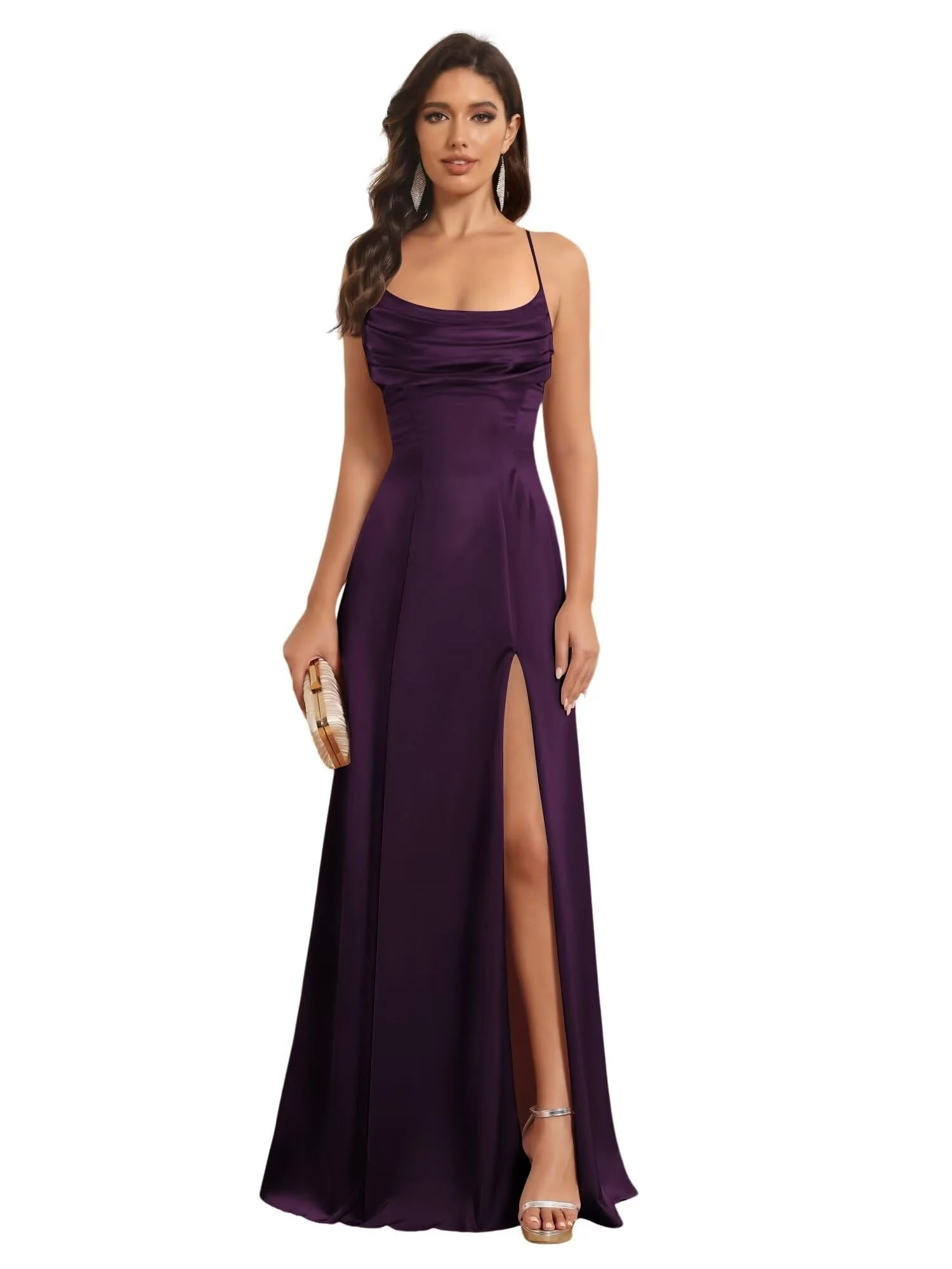 A-Line/Princess Spaghetti Straps Sleeveless Floor Length Bridesmaid Dresses Satin With Split Slide - Image 14