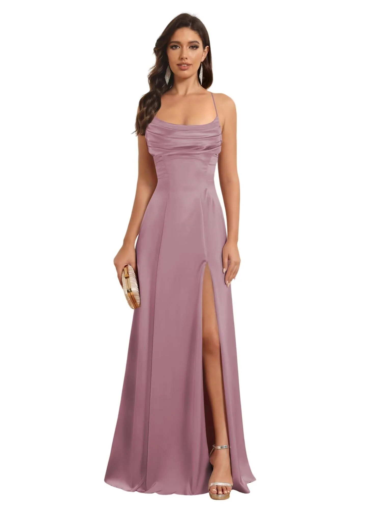 A-Line/Princess Spaghetti Straps Sleeveless Floor Length Bridesmaid Dresses Satin With Split Slide - Image 15
