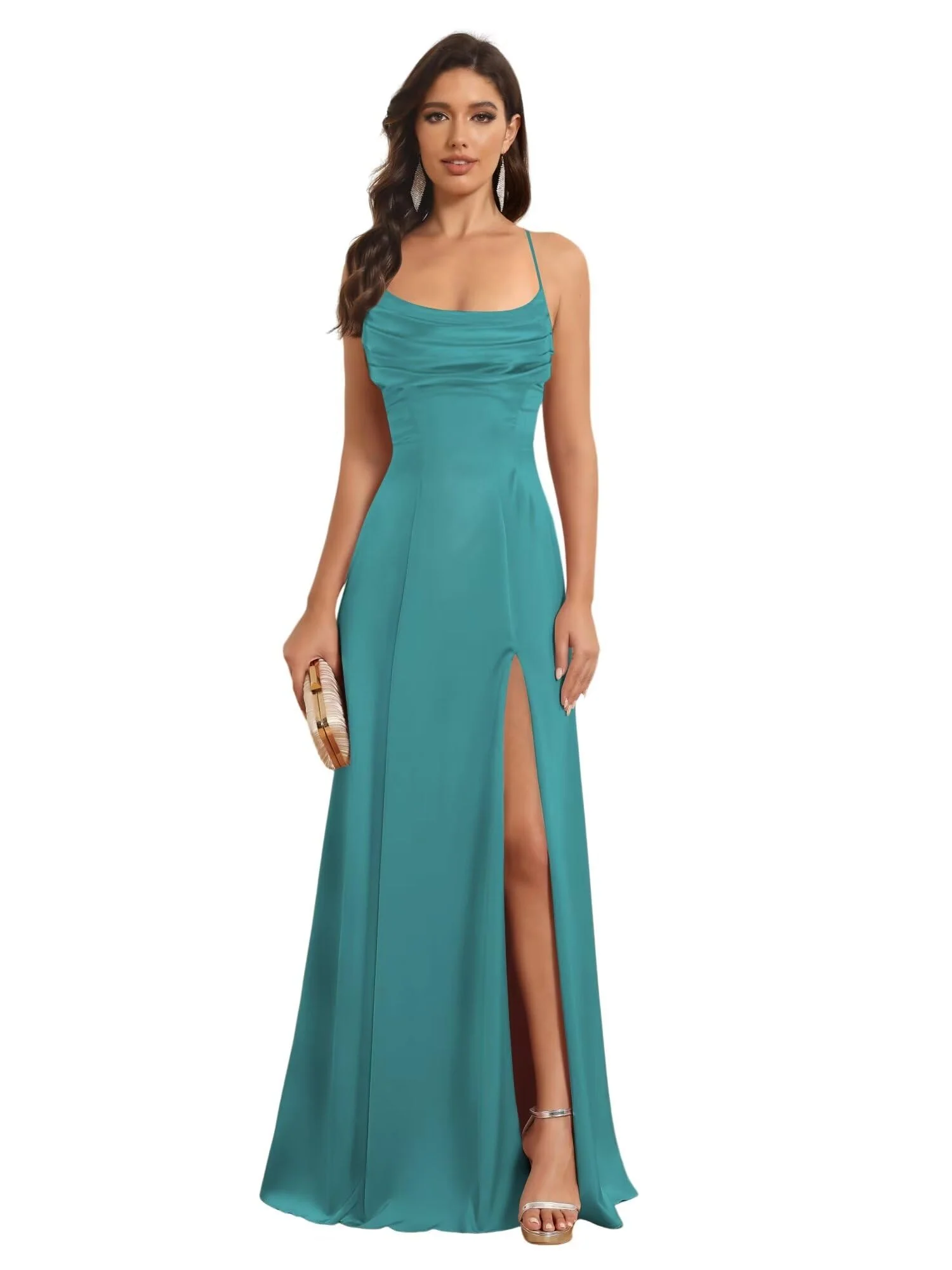 A-Line/Princess Spaghetti Straps Sleeveless Floor Length Bridesmaid Dresses Satin With Split Slide - Image 16