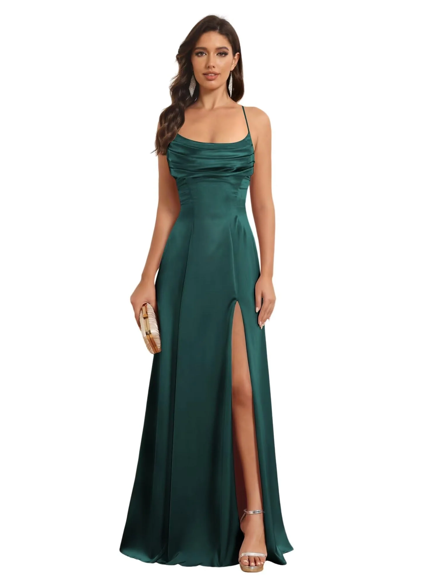 A-Line/Princess Spaghetti Straps Sleeveless Floor Length Bridesmaid Dresses Satin With Split Slide - Image 17