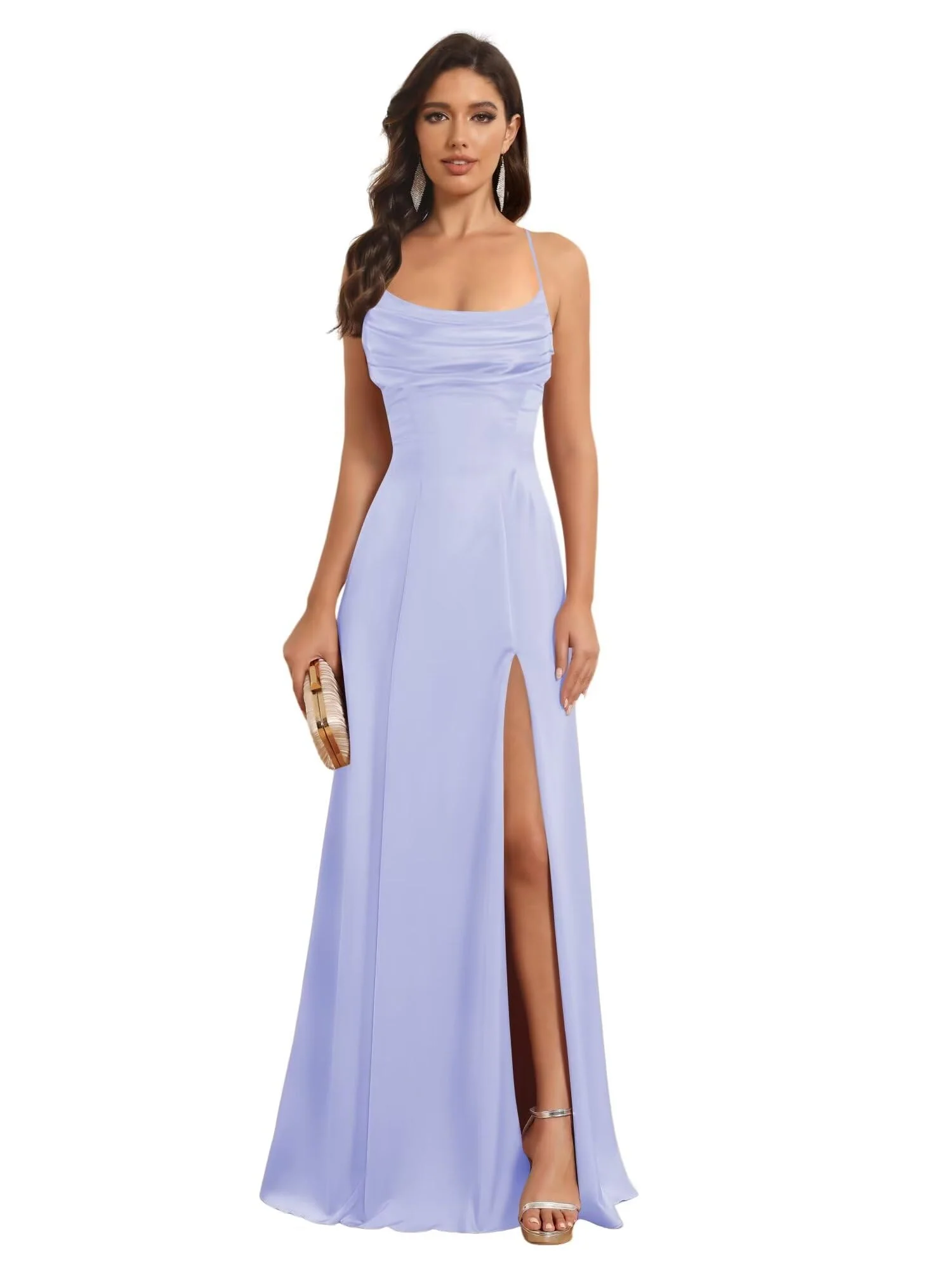 A-Line/Princess Spaghetti Straps Sleeveless Floor Length Bridesmaid Dresses Satin With Split Slide - Image 18