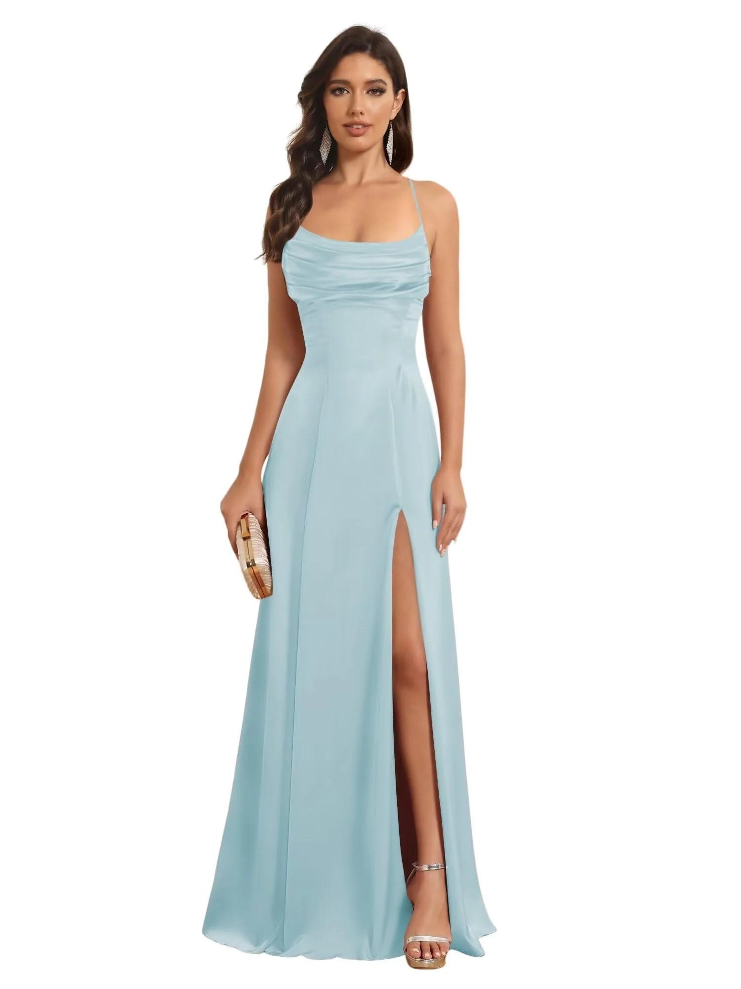 A-Line/Princess Spaghetti Straps Sleeveless Floor Length Bridesmaid Dresses Satin With Split Slide - Image 19