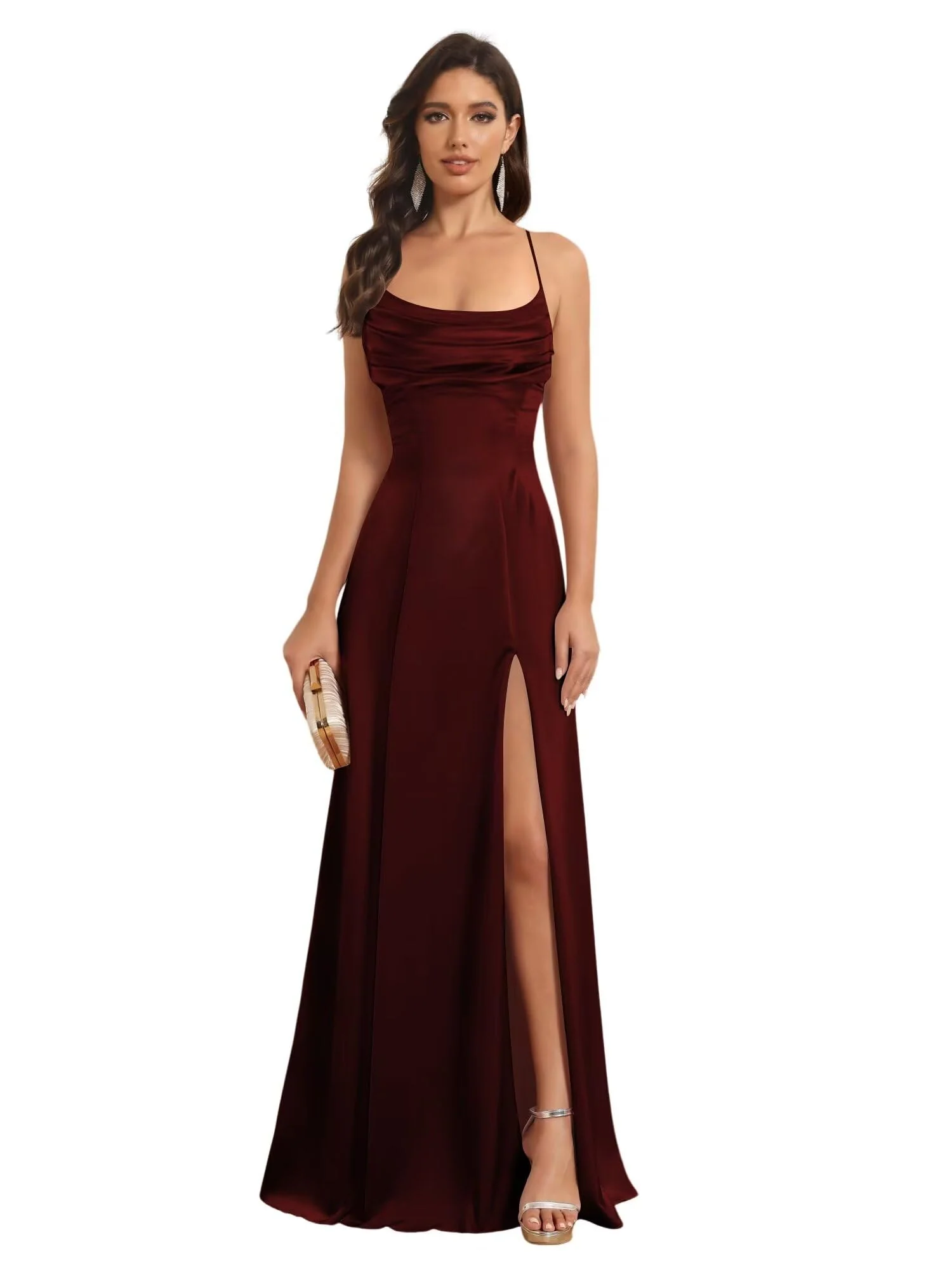 A-Line/Princess Spaghetti Straps Sleeveless Floor Length Bridesmaid Dresses Satin With Split Slide - Image 20