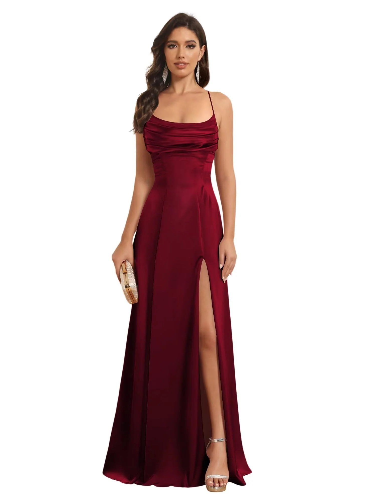 A-Line/Princess Spaghetti Straps Sleeveless Floor Length Bridesmaid Dresses Satin With Split Slide - Image 21