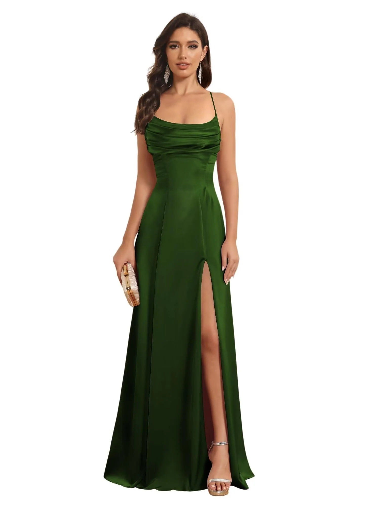 A-Line/Princess Spaghetti Straps Sleeveless Floor Length Bridesmaid Dresses Satin With Split Slide - Image 22