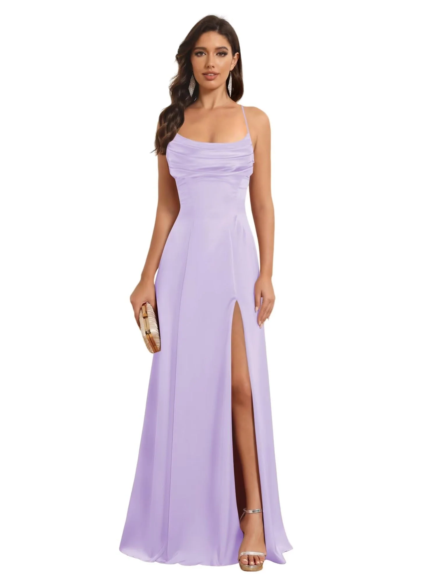 A-Line/Princess Spaghetti Straps Sleeveless Floor Length Bridesmaid Dresses Satin With Split Slide - Image 23