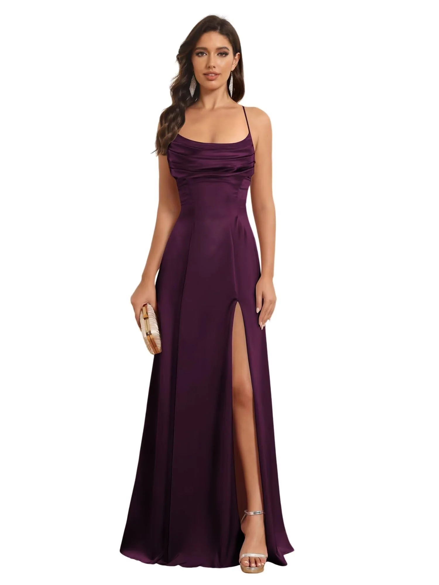 A-Line/Princess Spaghetti Straps Sleeveless Floor Length Bridesmaid Dresses Satin With Split Slide - Image 24
