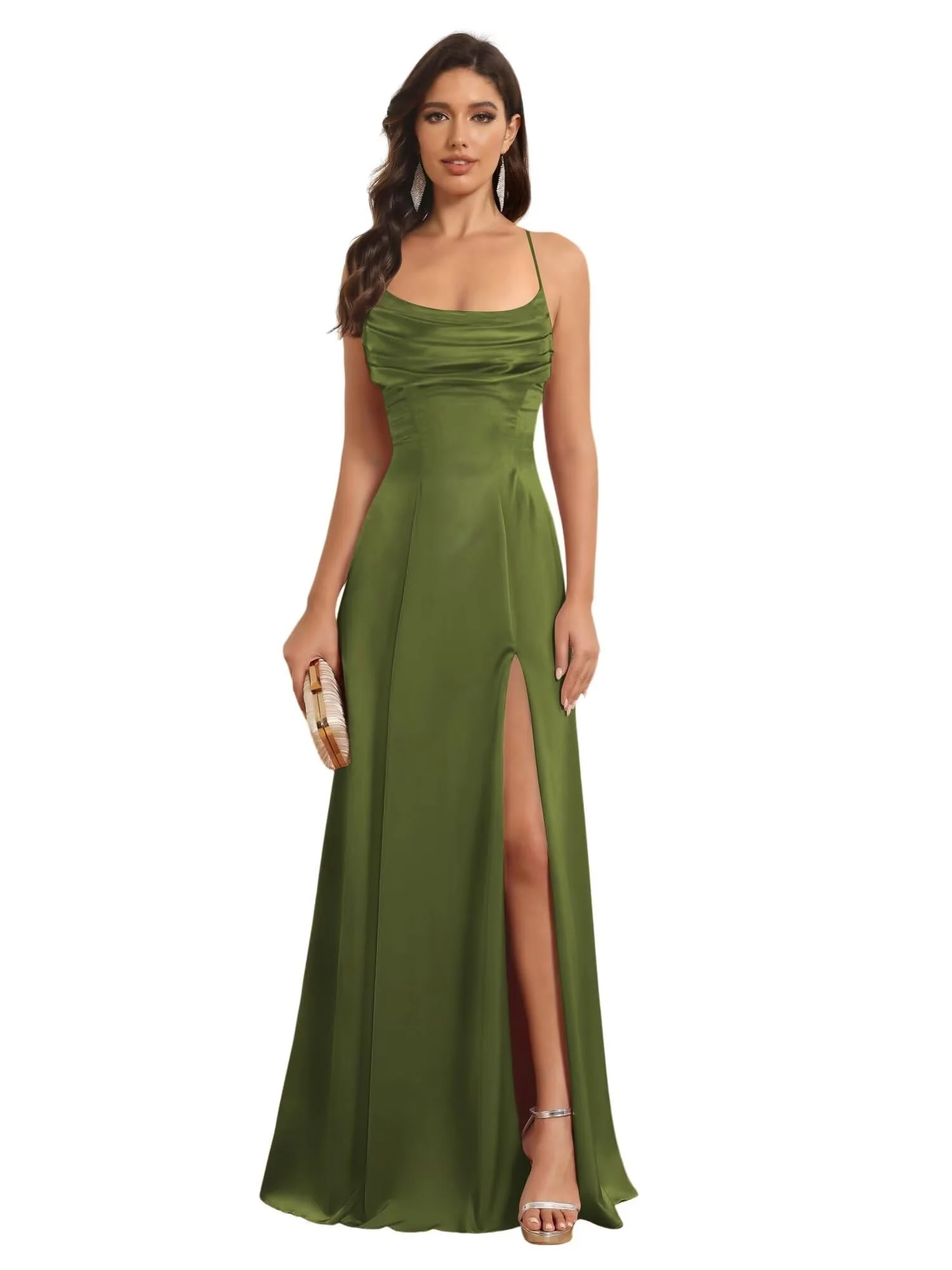 A-Line/Princess Spaghetti Straps Sleeveless Floor Length Bridesmaid Dresses Satin With Split Slide - Image 25