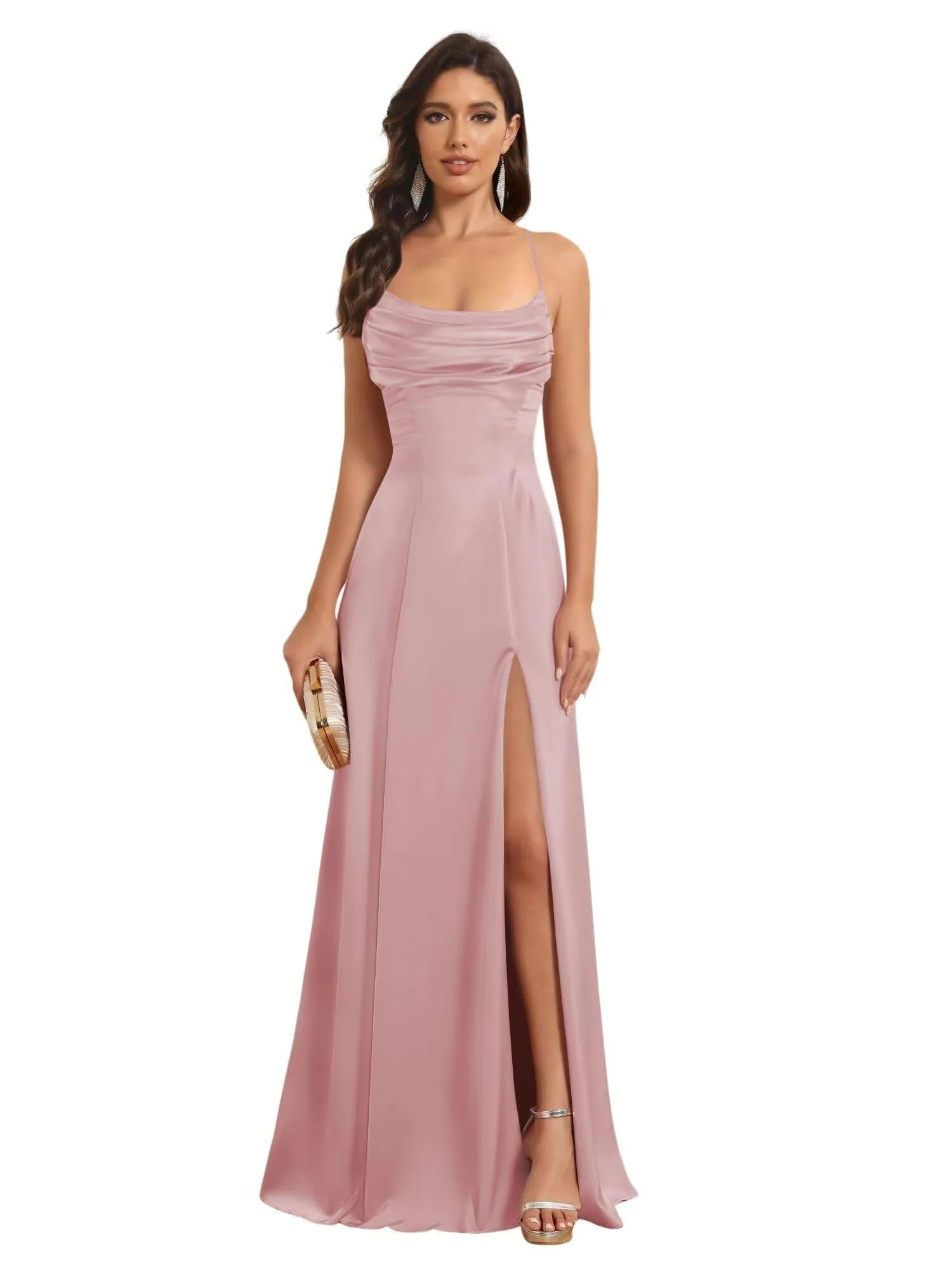 A-Line/Princess Spaghetti Straps Sleeveless Floor Length Bridesmaid Dresses Satin With Split Slide - Image 26