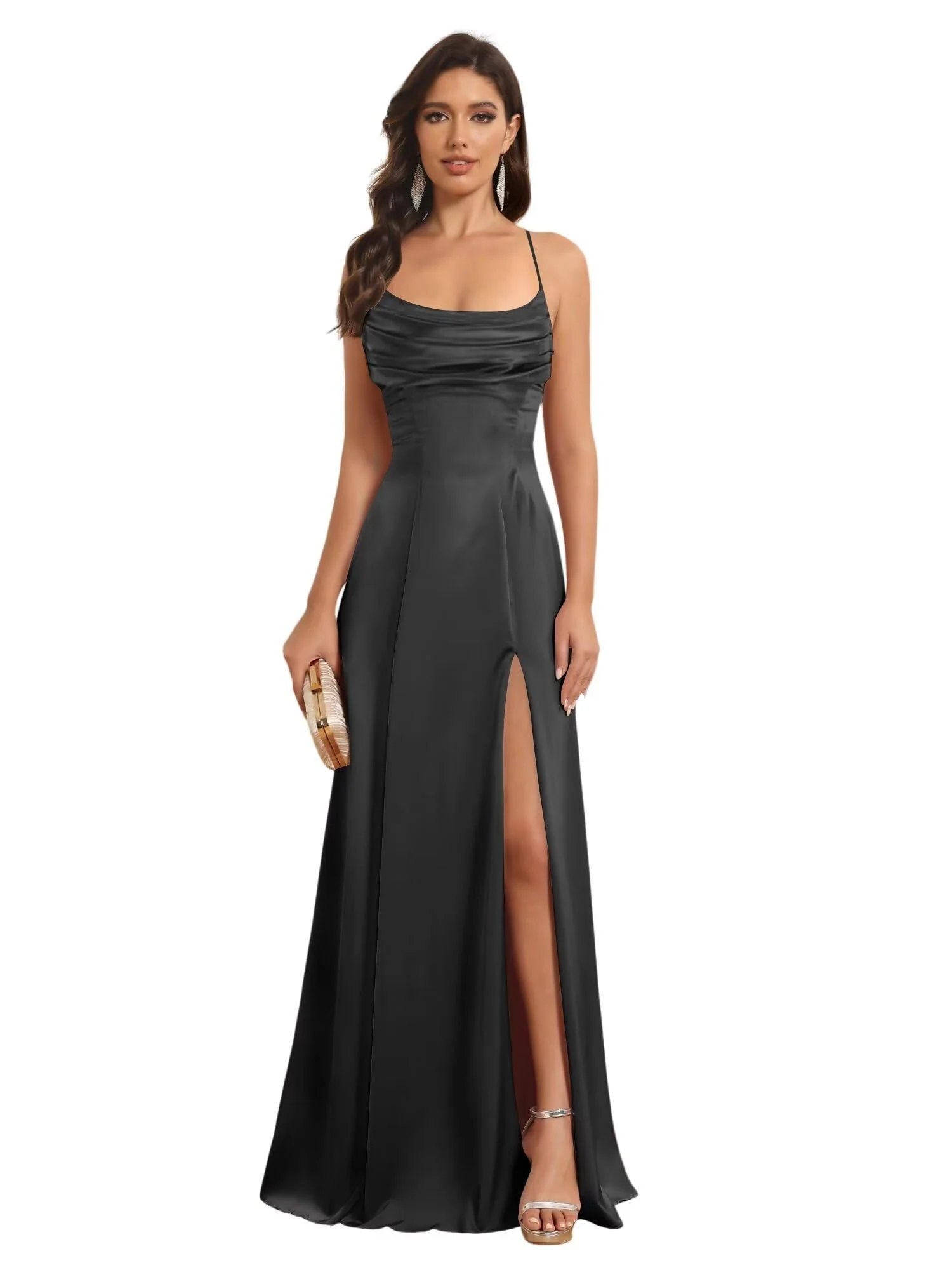 A-Line/Princess Spaghetti Straps Sleeveless Floor Length Bridesmaid Dresses Satin With Split Slide - Image 27