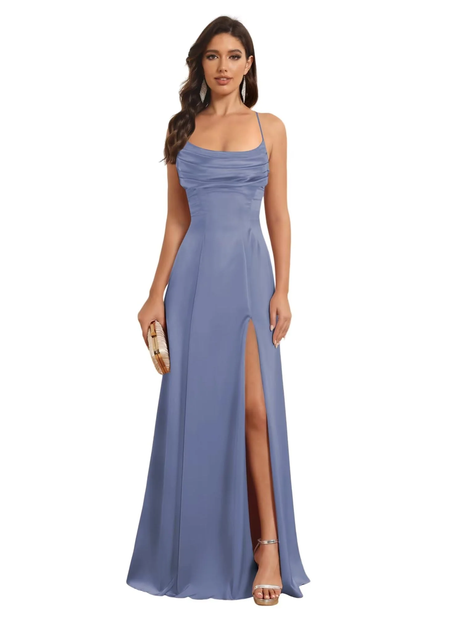 A-Line/Princess Spaghetti Straps Sleeveless Floor Length Bridesmaid Dresses Satin With Split Slide - Image 28