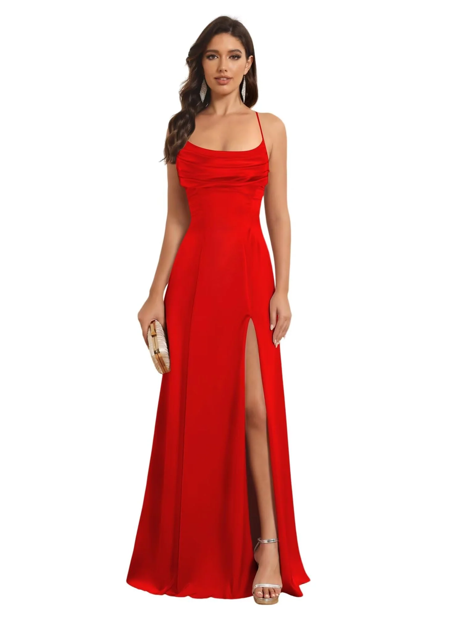 A-Line/Princess Spaghetti Straps Sleeveless Floor Length Bridesmaid Dresses Satin With Split Slide - Image 29
