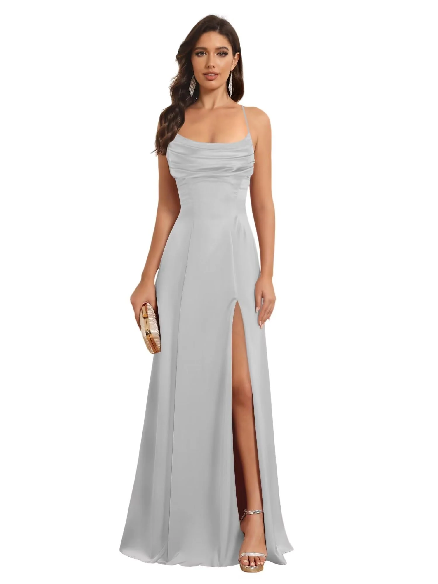 A-Line/Princess Spaghetti Straps Sleeveless Floor Length Bridesmaid Dresses Satin With Split Slide - Image 3