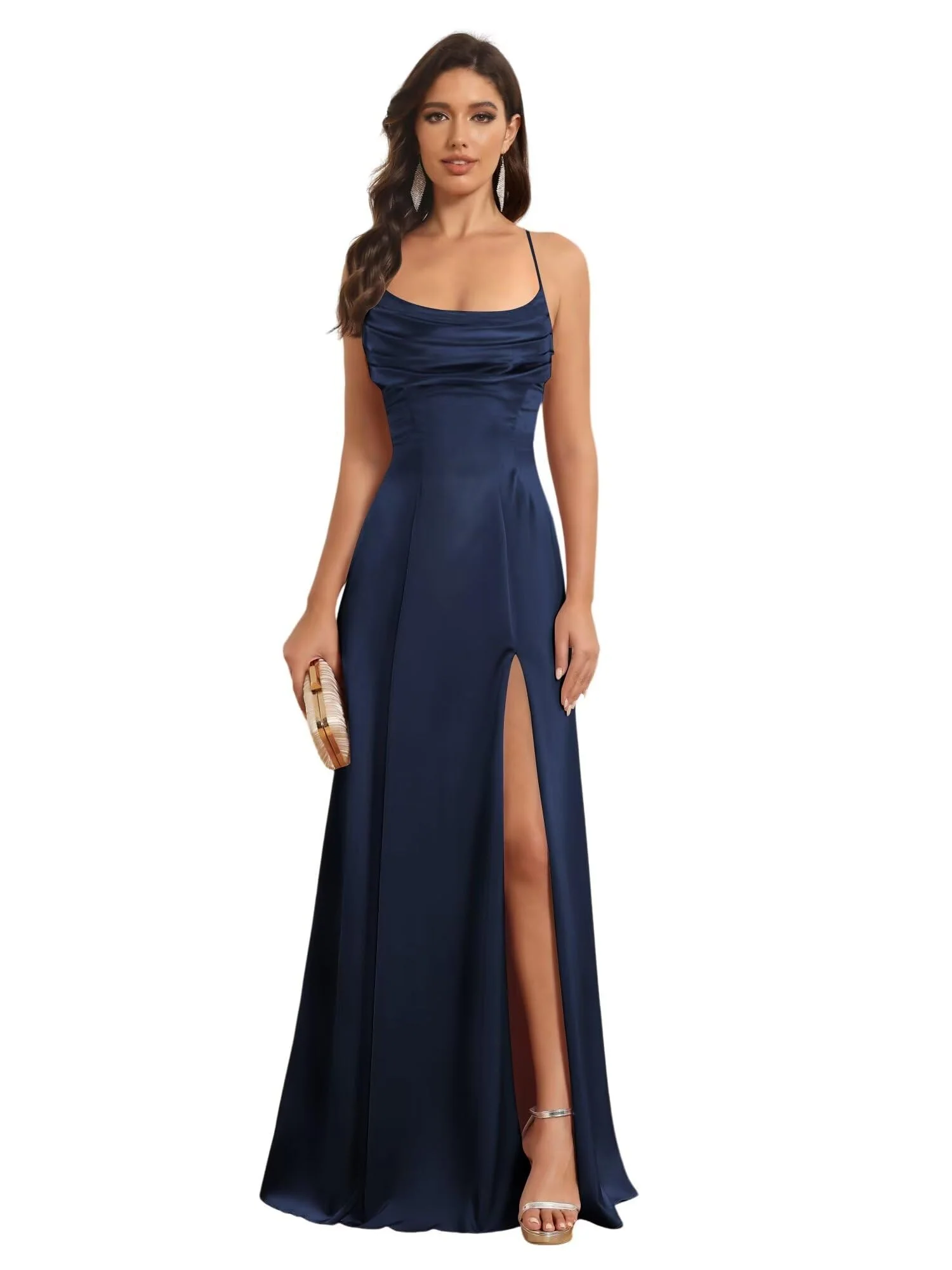 A-Line/Princess Spaghetti Straps Sleeveless Floor Length Bridesmaid Dresses Satin With Split Slide - Image 30