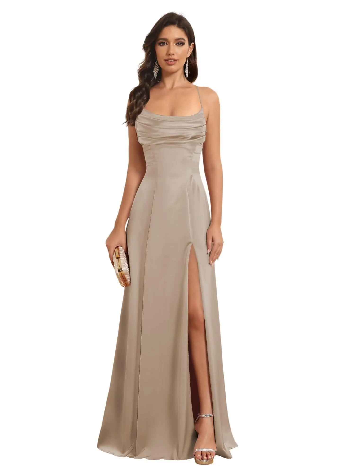 A-Line/Princess Spaghetti Straps Sleeveless Floor Length Bridesmaid Dresses Satin With Split Slide - Image 31