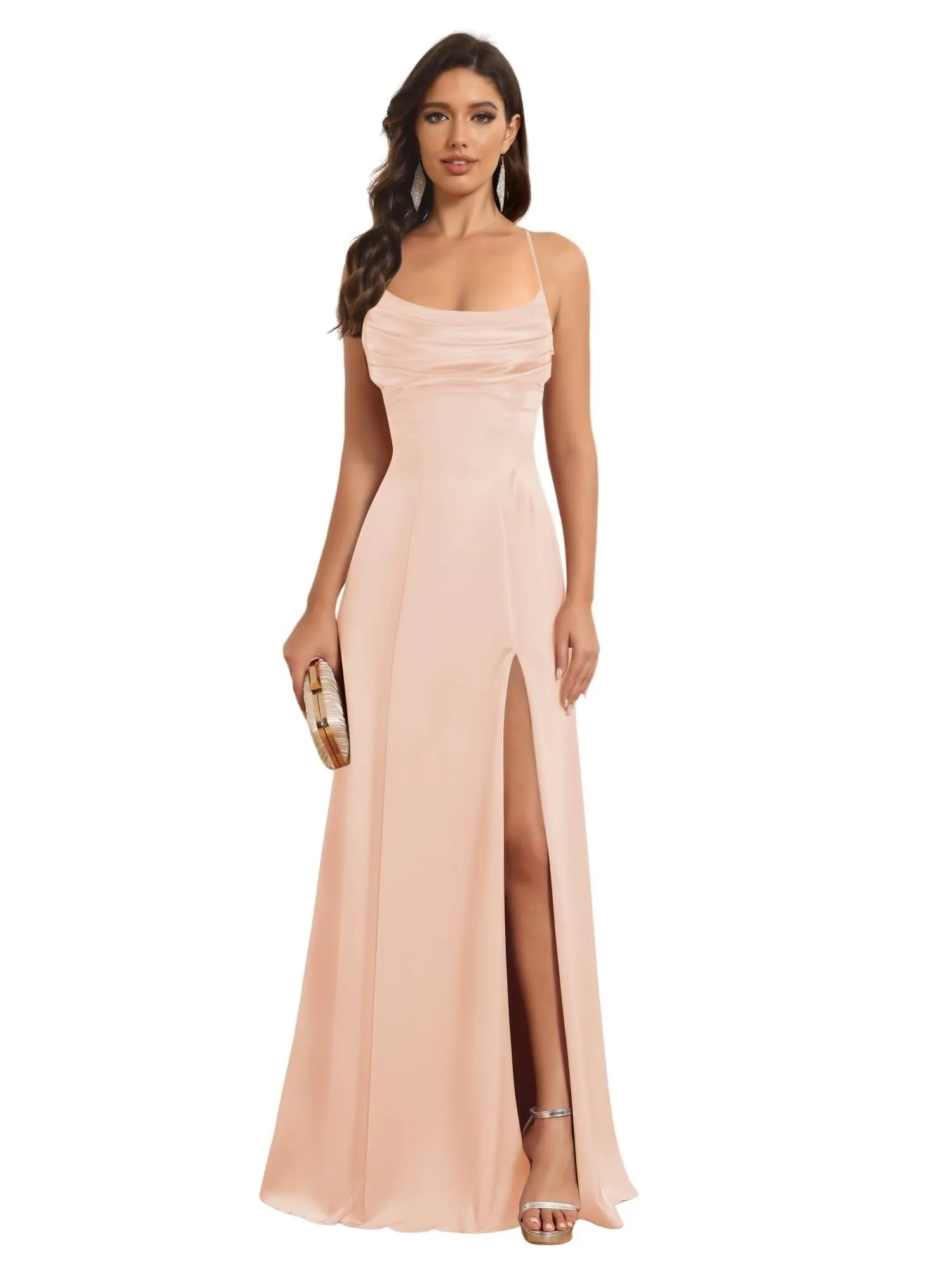 A-Line/Princess Spaghetti Straps Sleeveless Floor Length Bridesmaid Dresses Satin With Split Slide - Image 32