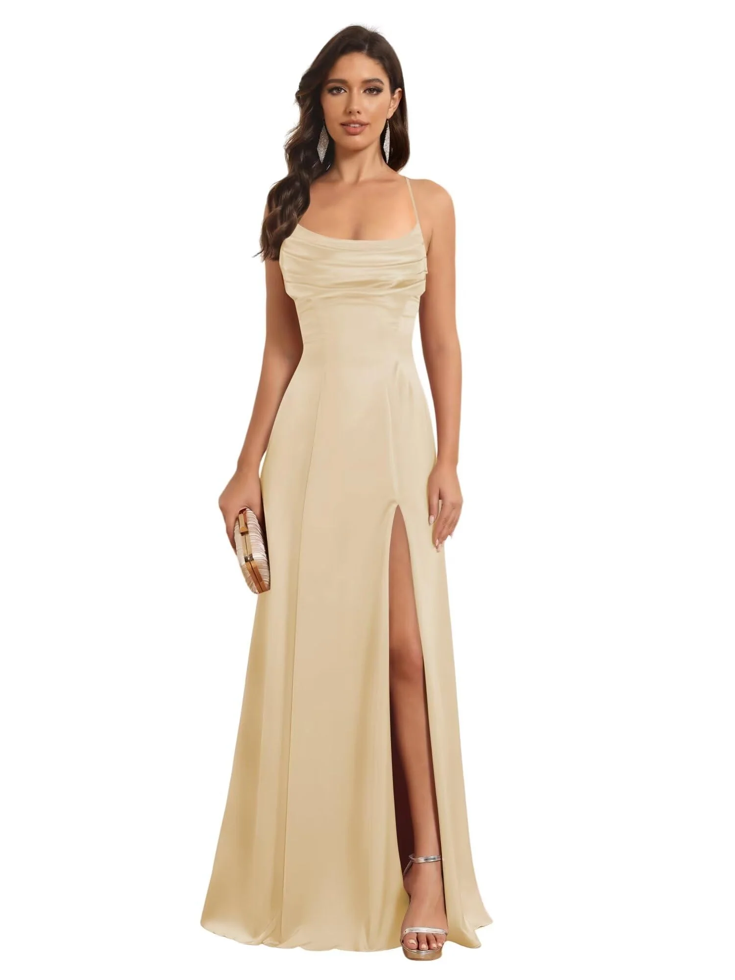 A-Line/Princess Spaghetti Straps Sleeveless Floor Length Bridesmaid Dresses Satin With Split Slide - Image 33