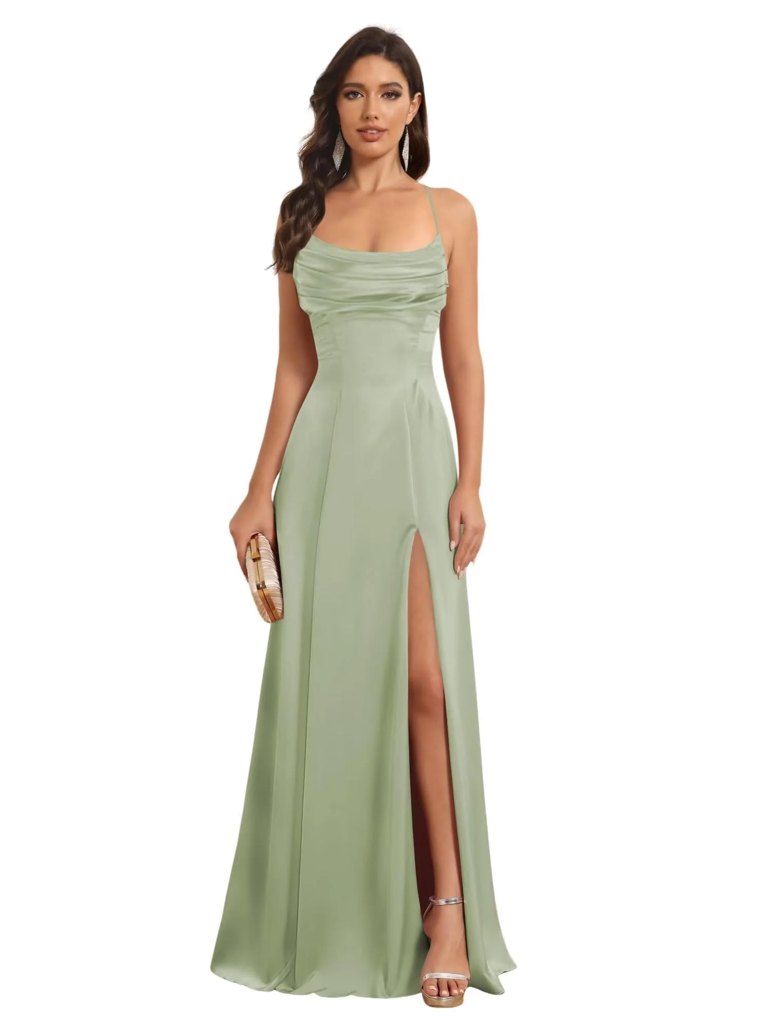 A-Line/Princess Spaghetti Straps Sleeveless Floor Length Bridesmaid Dresses Satin With Split Slide - Image 34