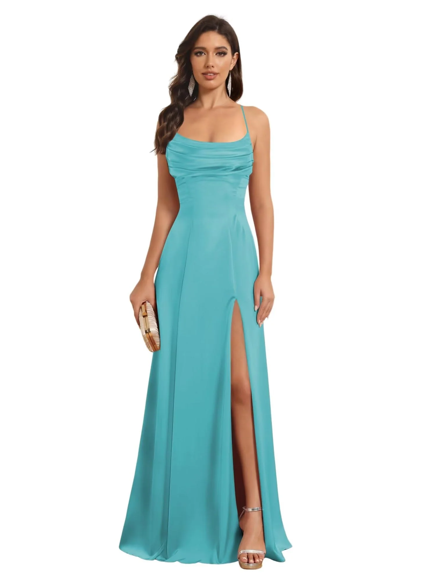 A-Line/Princess Spaghetti Straps Sleeveless Floor Length Bridesmaid Dresses Satin With Split Slide - Image 36