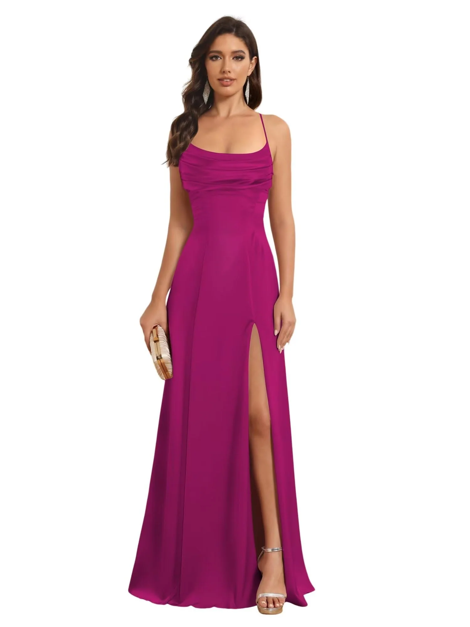 A-Line/Princess Spaghetti Straps Sleeveless Floor Length Bridesmaid Dresses Satin With Split Slide - Image 37