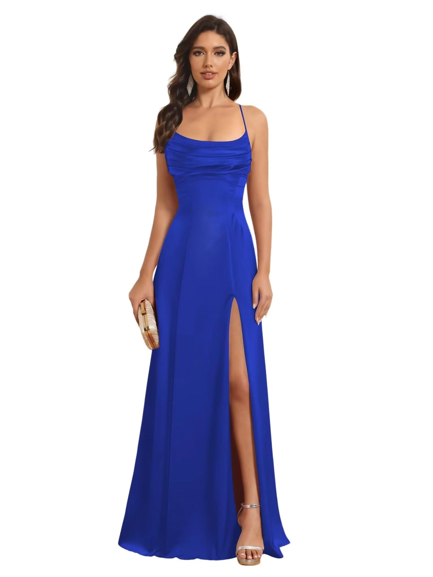 A-Line/Princess Spaghetti Straps Sleeveless Floor Length Bridesmaid Dresses Satin With Split Slide - Image 38