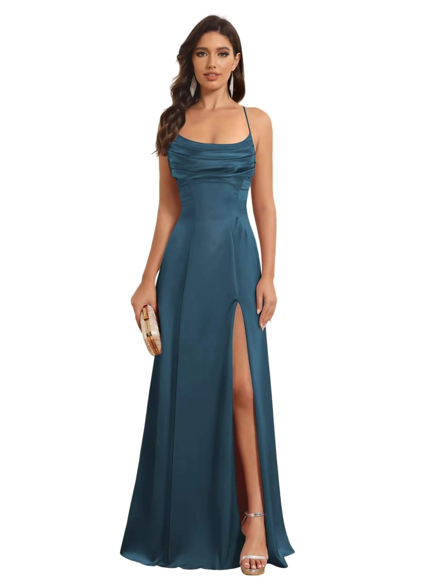 A-Line/Princess Spaghetti Straps Sleeveless Floor Length Bridesmaid Dresses Satin With Split Slide - Image 39