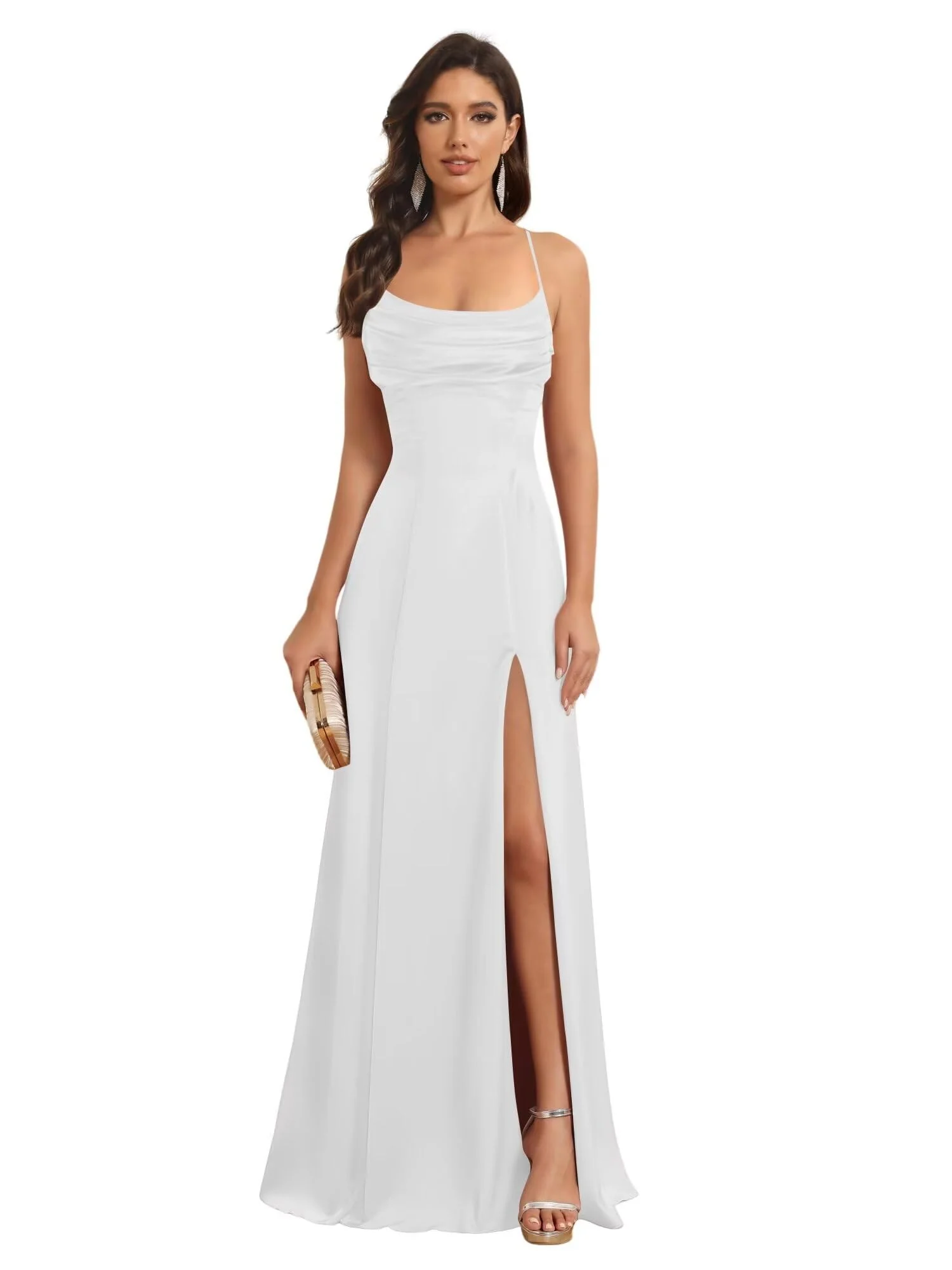 A-Line/Princess Spaghetti Straps Sleeveless Floor Length Bridesmaid Dresses Satin With Split Slide - Image 4