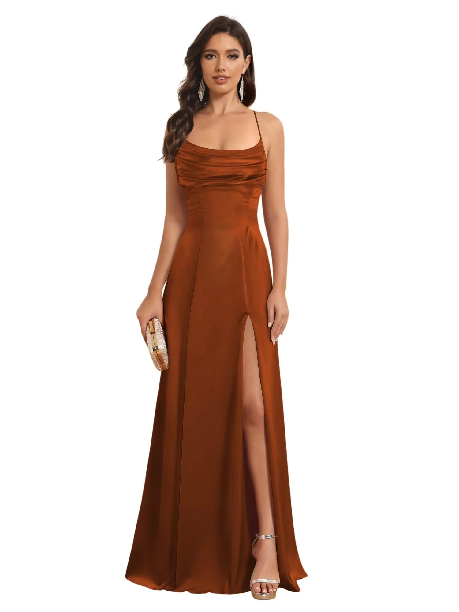 A-Line/Princess Spaghetti Straps Sleeveless Floor Length Bridesmaid Dresses Satin With Split Slide - Image 40
