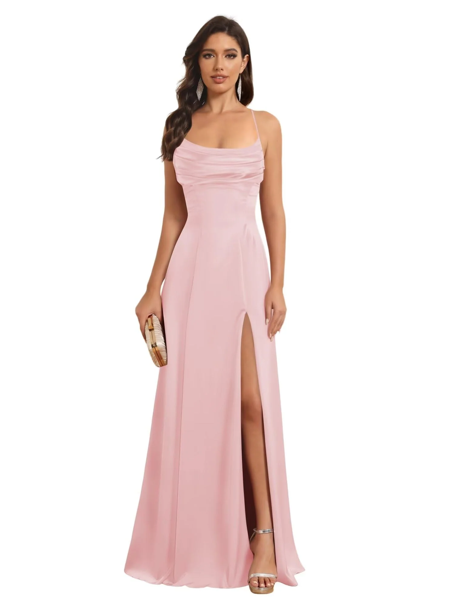A-Line/Princess Spaghetti Straps Sleeveless Floor Length Bridesmaid Dresses Satin With Split Slide - Image 5