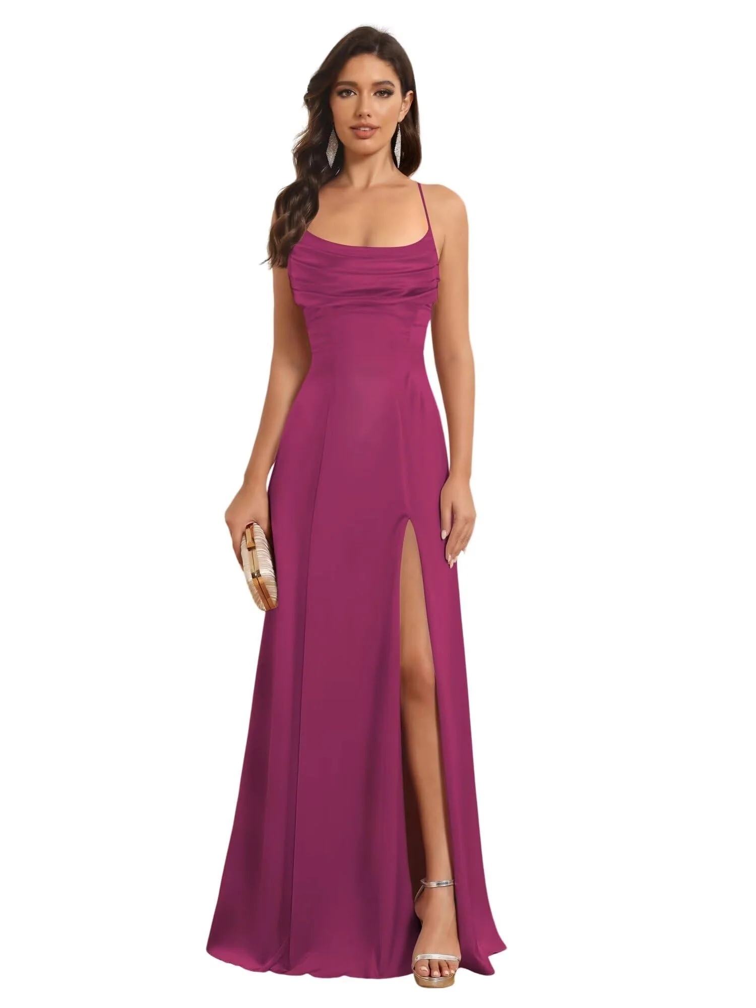 A-Line/Princess Spaghetti Straps Sleeveless Floor Length Bridesmaid Dresses Satin With Split Slide - Image 6