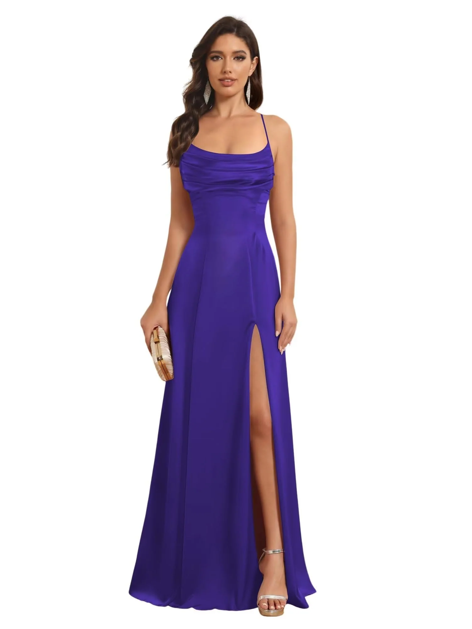 A-Line/Princess Spaghetti Straps Sleeveless Floor Length Bridesmaid Dresses Satin With Split Slide - Image 7