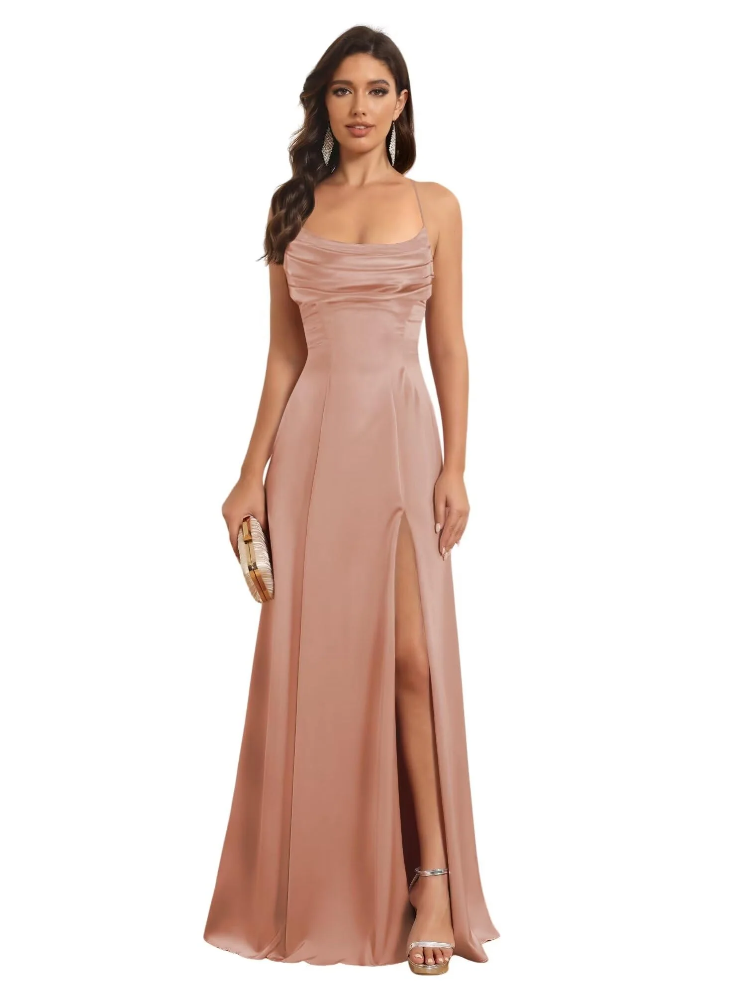 A-Line/Princess Spaghetti Straps Sleeveless Floor Length Bridesmaid Dresses Satin With Split Slide - Image 8