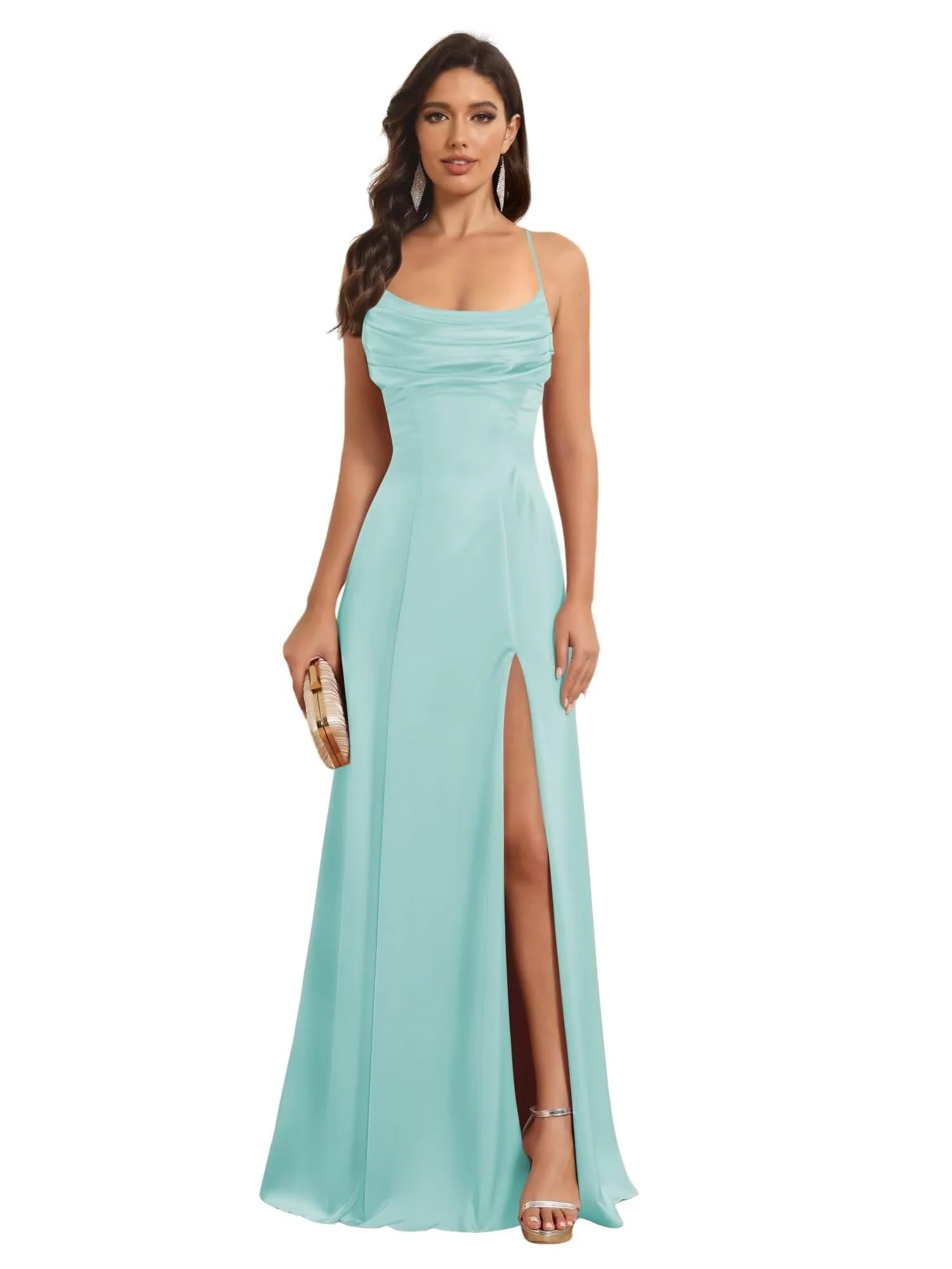 A-Line/Princess Spaghetti Straps Sleeveless Floor Length Bridesmaid Dresses Satin With Split Slide - Image 9