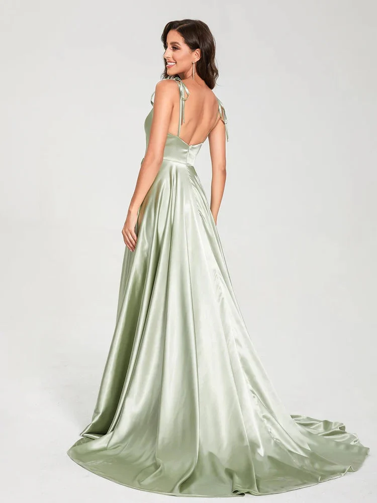 A-Line/Princess Spaghetti Straps Sleeveless Floor-Length Bridemaid Dresses with Split Side - Image 3