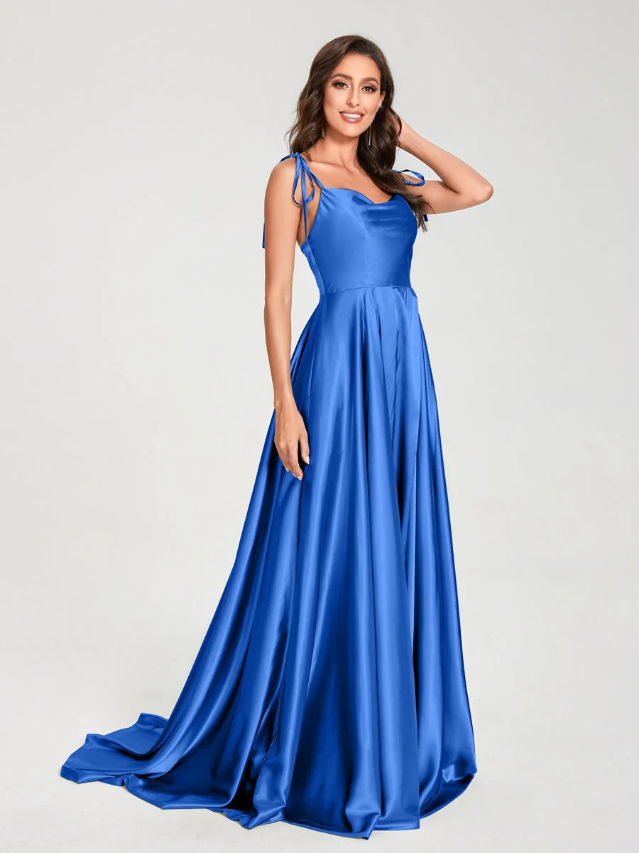 A-Line/Princess Spaghetti Straps Sleeveless Floor-Length Bridemaid Dresses with Split Side - Image 43