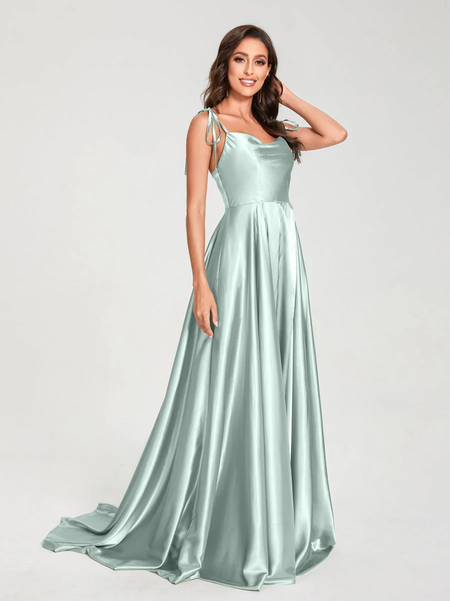 A-Line/Princess Spaghetti Straps Sleeveless Floor-Length Bridemaid Dresses with Split Side - Image 47